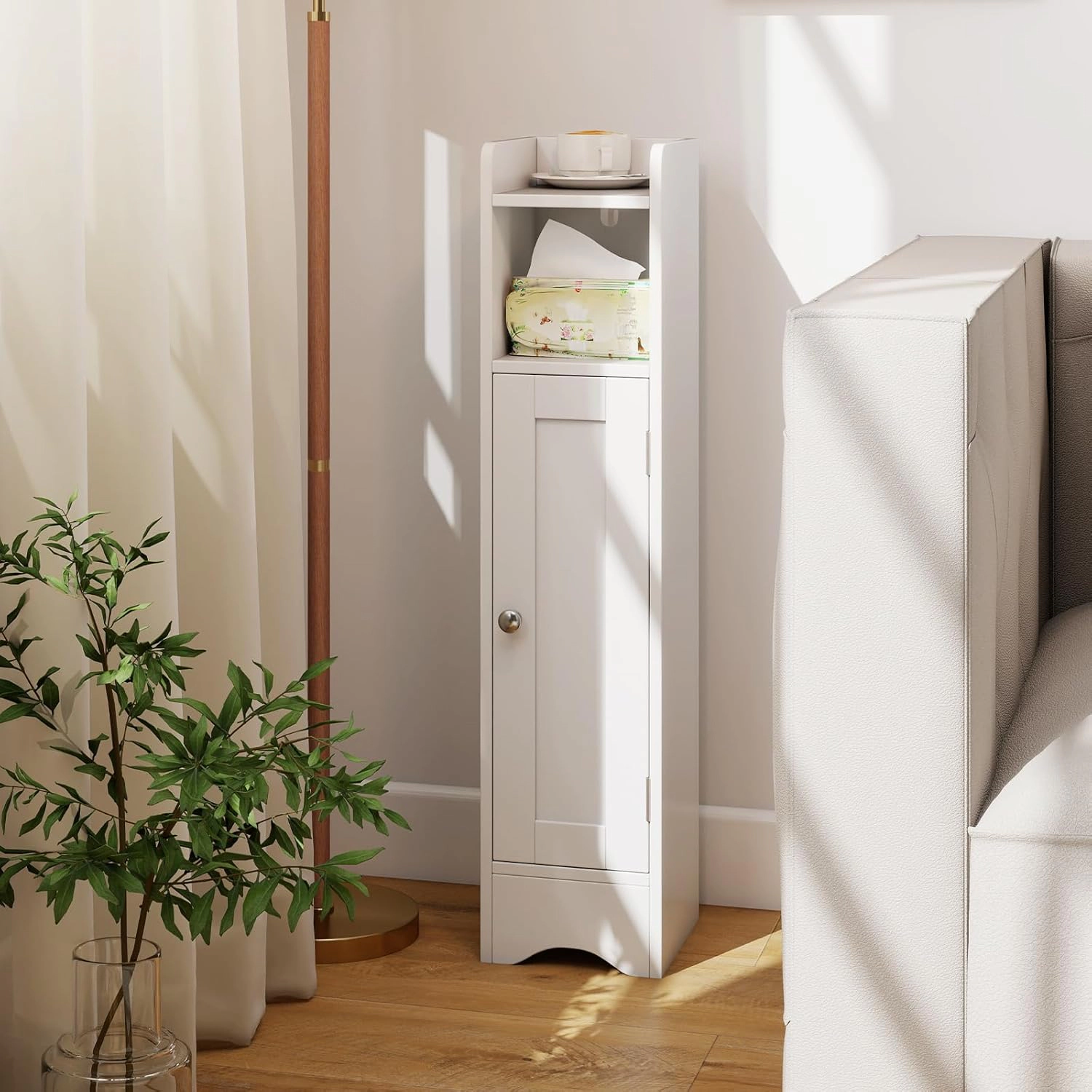 Slickblue Narrow Bathroom Storage Cabinet White Toilet Paper Holder Cabinet Open Shelf