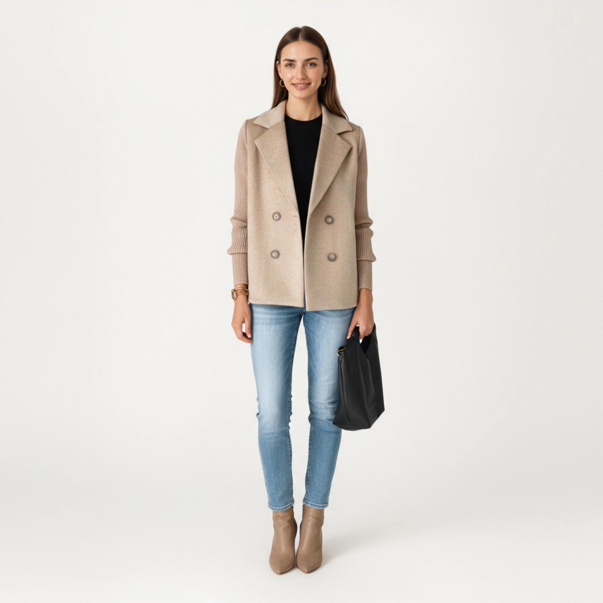 Anna-Kaci Women's Double Breasted Knit Sleeve Peacoat Jacket with Soft Structured Body Relaxed Wide Lapels and Textured
