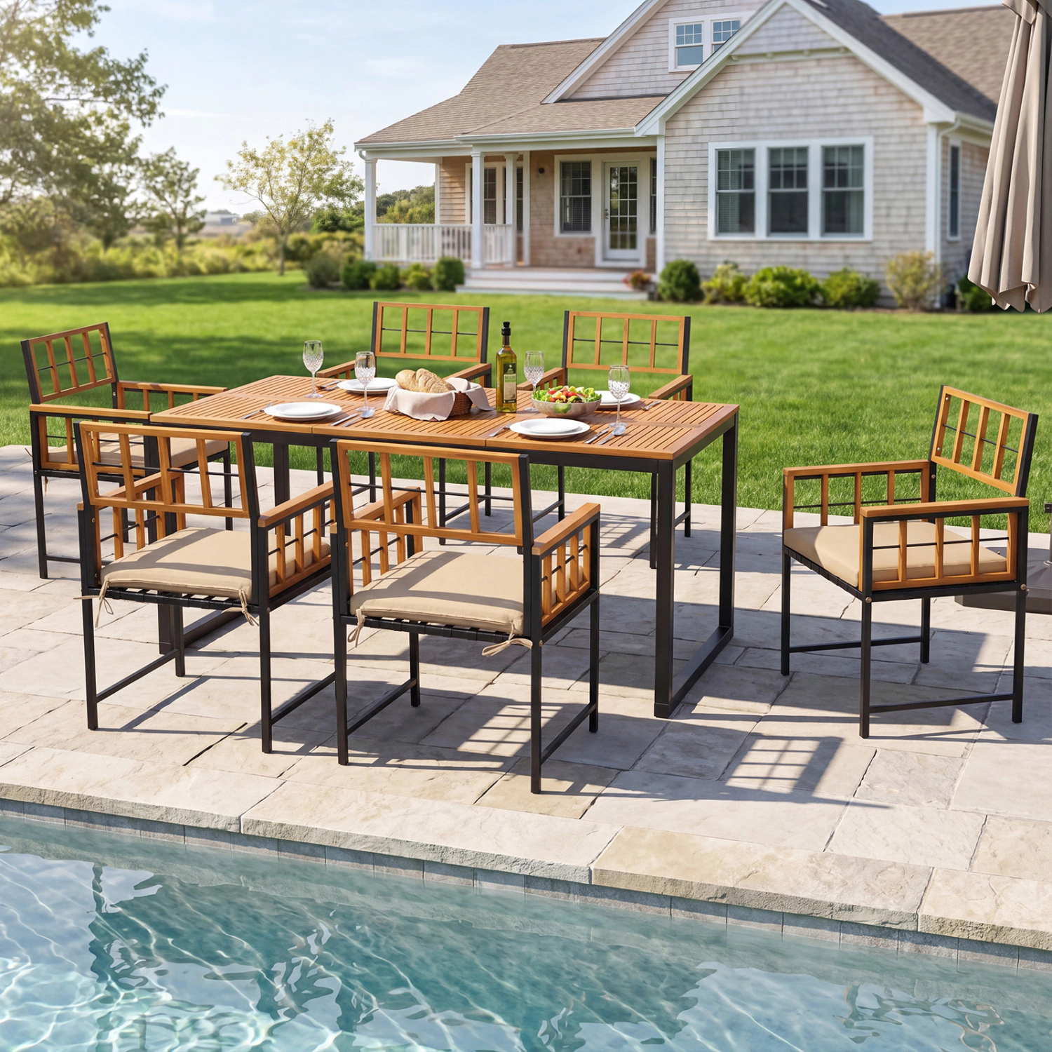 LJG 7-Piece Outdoor Dining Set with Acacia Wood Table & Chairs and Umbrella Hole