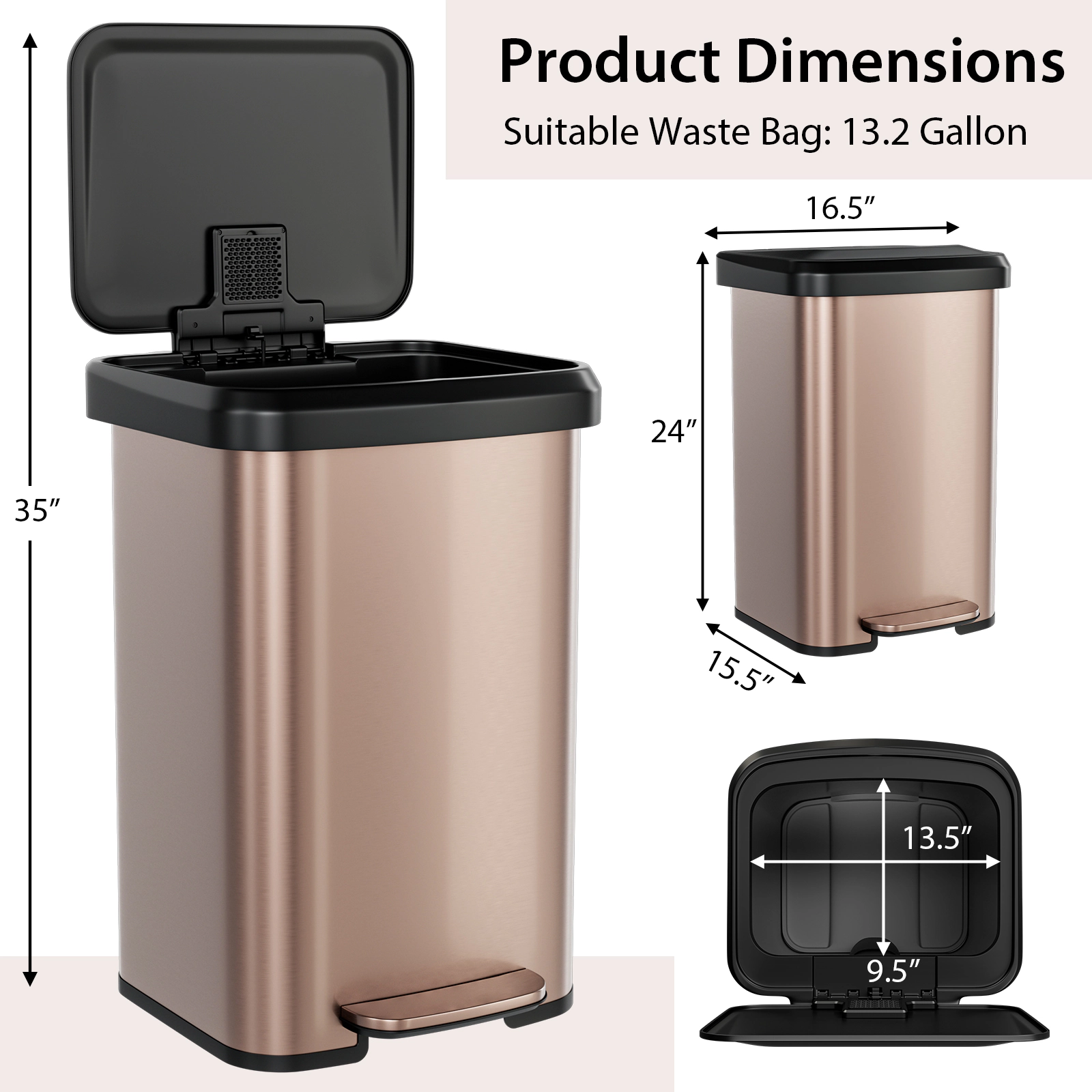 SUGIFT 13-Gal Step Pedal Soft-Close Lid Deodorizer Compartment Trash Can 16.5-in x 15.5-in x 24-in 35-in Open Golden