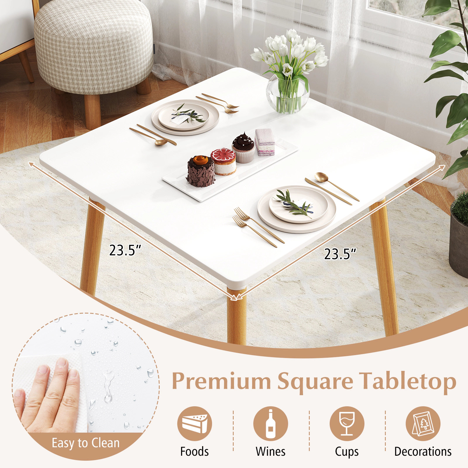 SUGIFT 23.5-in Square Dining Table with Adjustable Foot Pads 165-lb Capacity for Dining Room or Kitchen White Natural