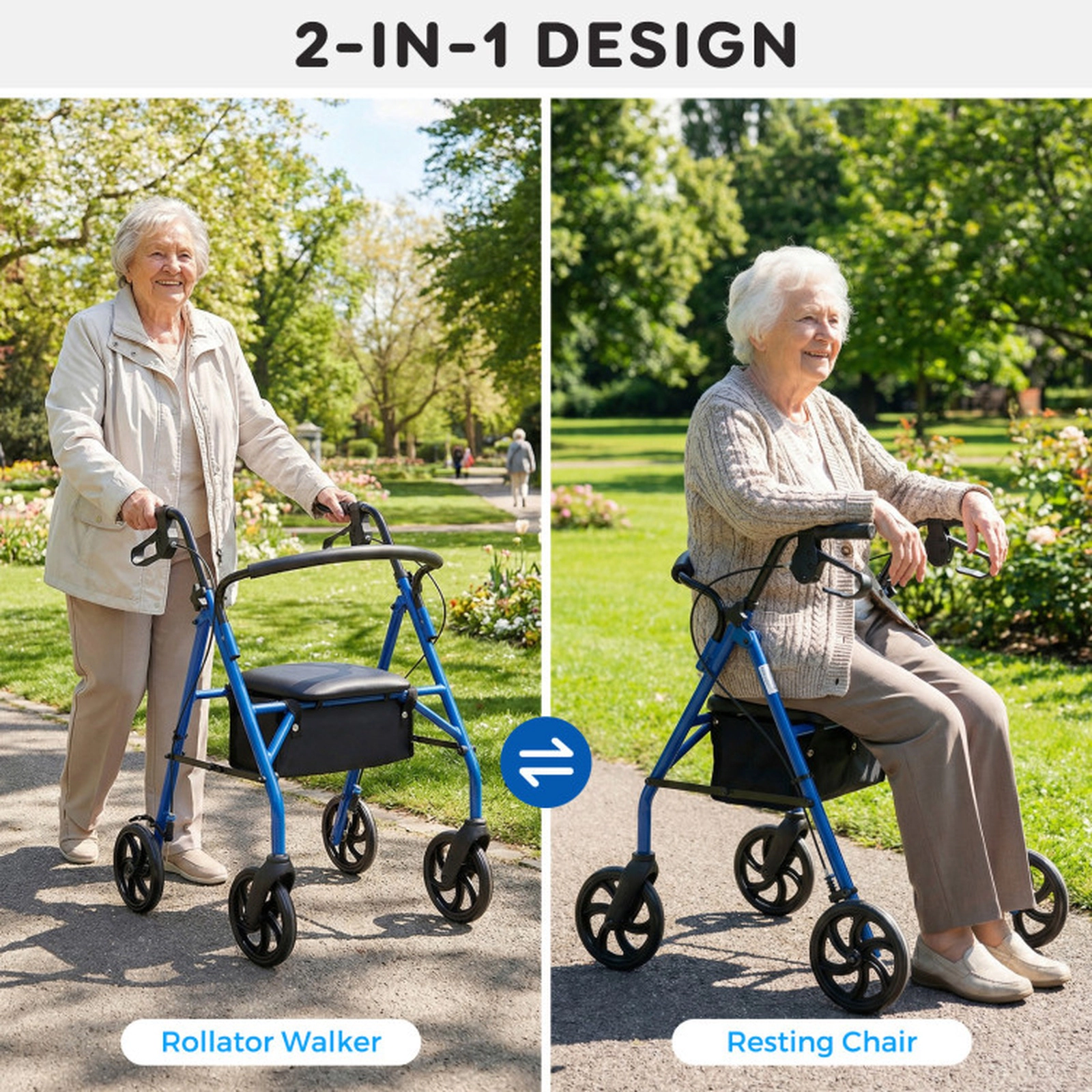 SUGIFT Blue Rollator Walker with Backrest and 7-Level Adjustable Handles 28-in W 23.5-in D 220-lb Seat Capacity