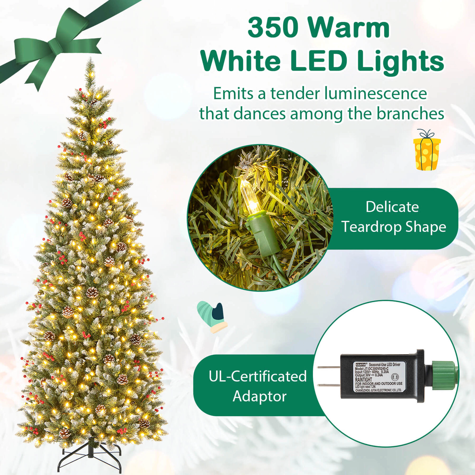 Costway 6 FT Pre-Lit Artificial Christmas Tree with 618 Snowy Branch Tips 280 LED Lights
