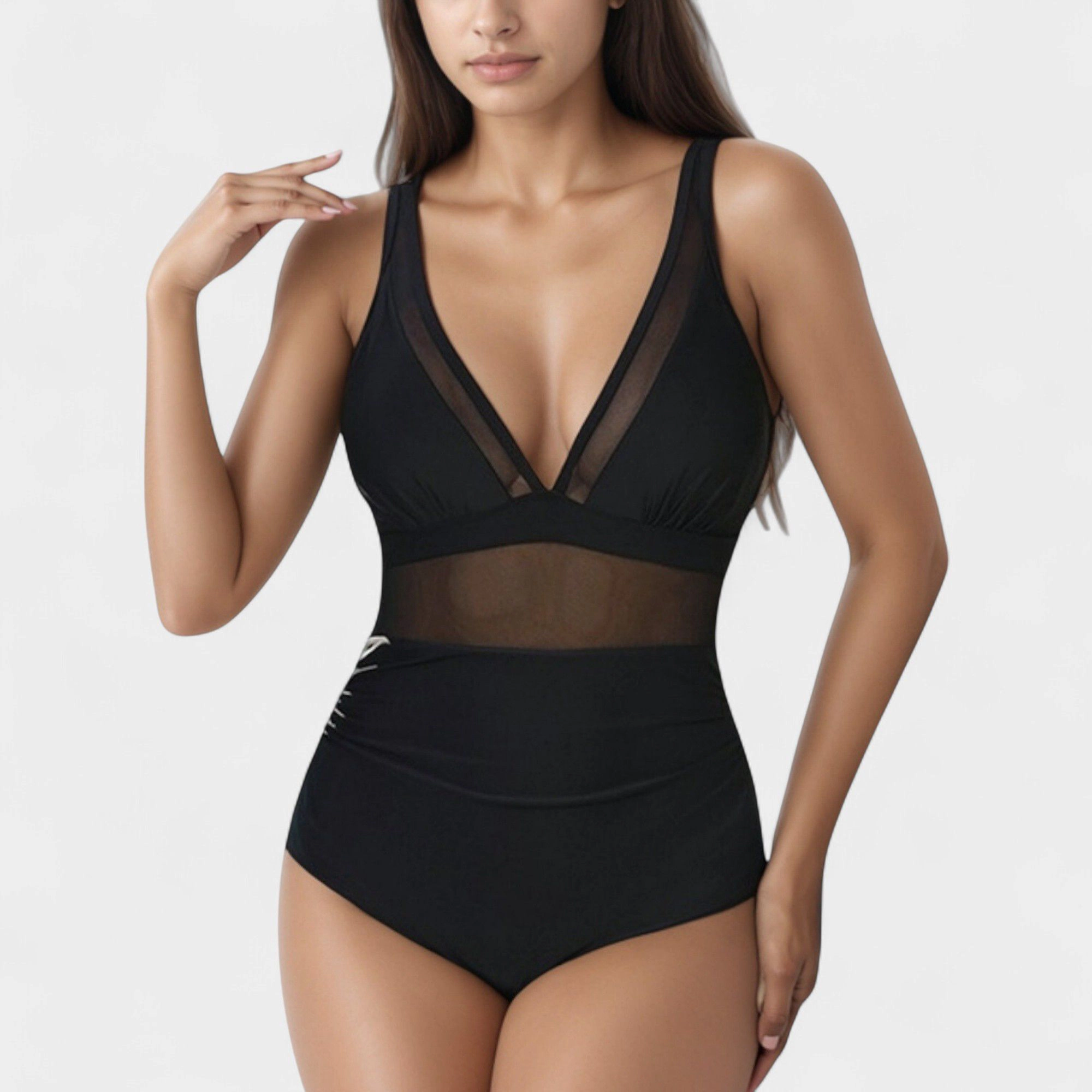Anna-Kaci Women Deep V Mesh Panel One Piece Swimsuit, Sheer Waist, Adjustable Straps