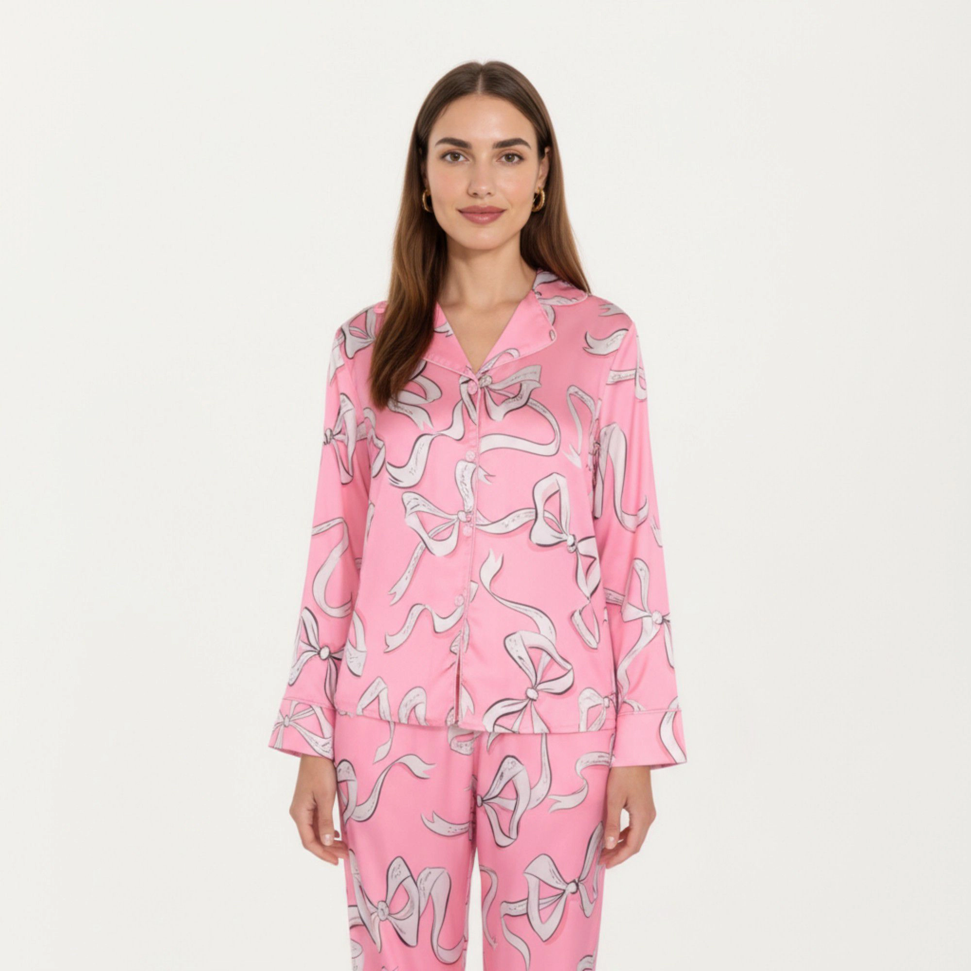 Anna-Kaci Women's 2-Piece Long Sleeve Button Front Pajama Set Ribbon Print and Soft Silky Fabric for Relaxed Comfort