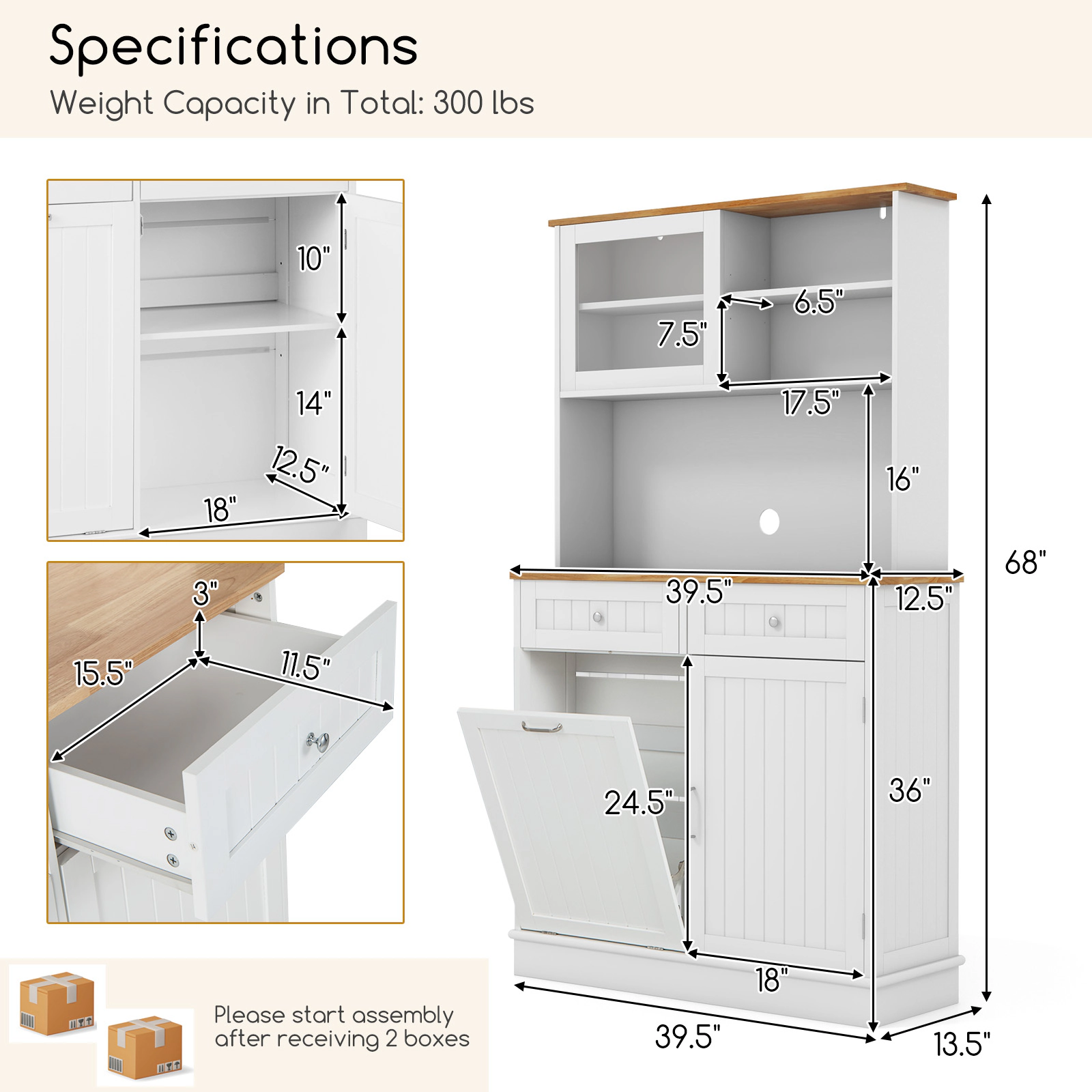 Glintex 68-Inch Tilt-Out Trash Cabinet with Rubberwood Top and Glass Hutch, White + Natural