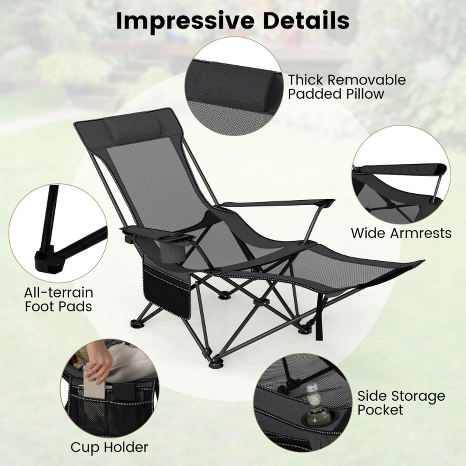 SUGIFT 4-Position Reclining Camping Chair with Removable Footrest 330-lb Capacity Gray/Green