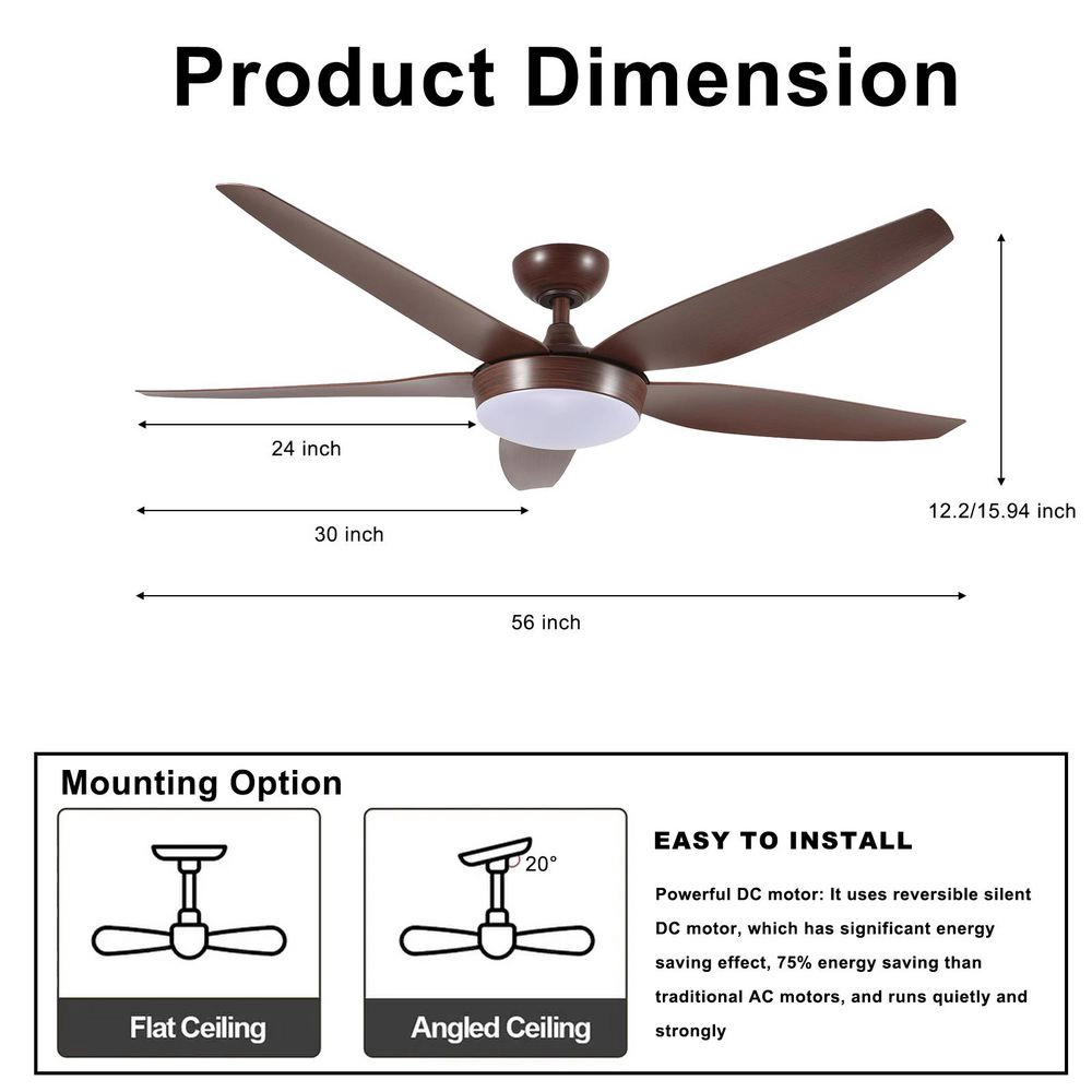 Flynama 56 in. Reddish Brown LED Downrod Mount Standard Ceiling Fan with Remote Control Dimmable 5 ABS Blades
