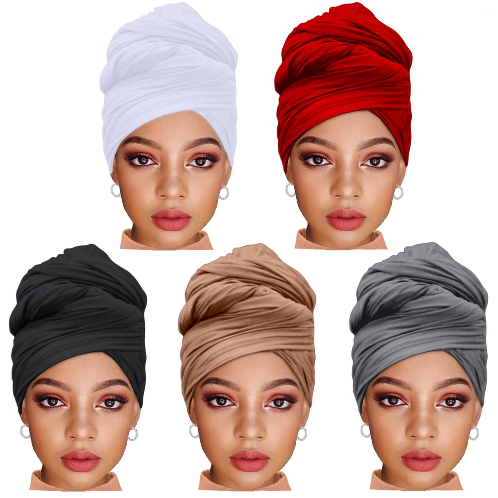 5 Pcs Stretch Jersey Turbans for Women, Soft Urban Hijab Headwraps, Solid Color Headwear & Fashion Headband