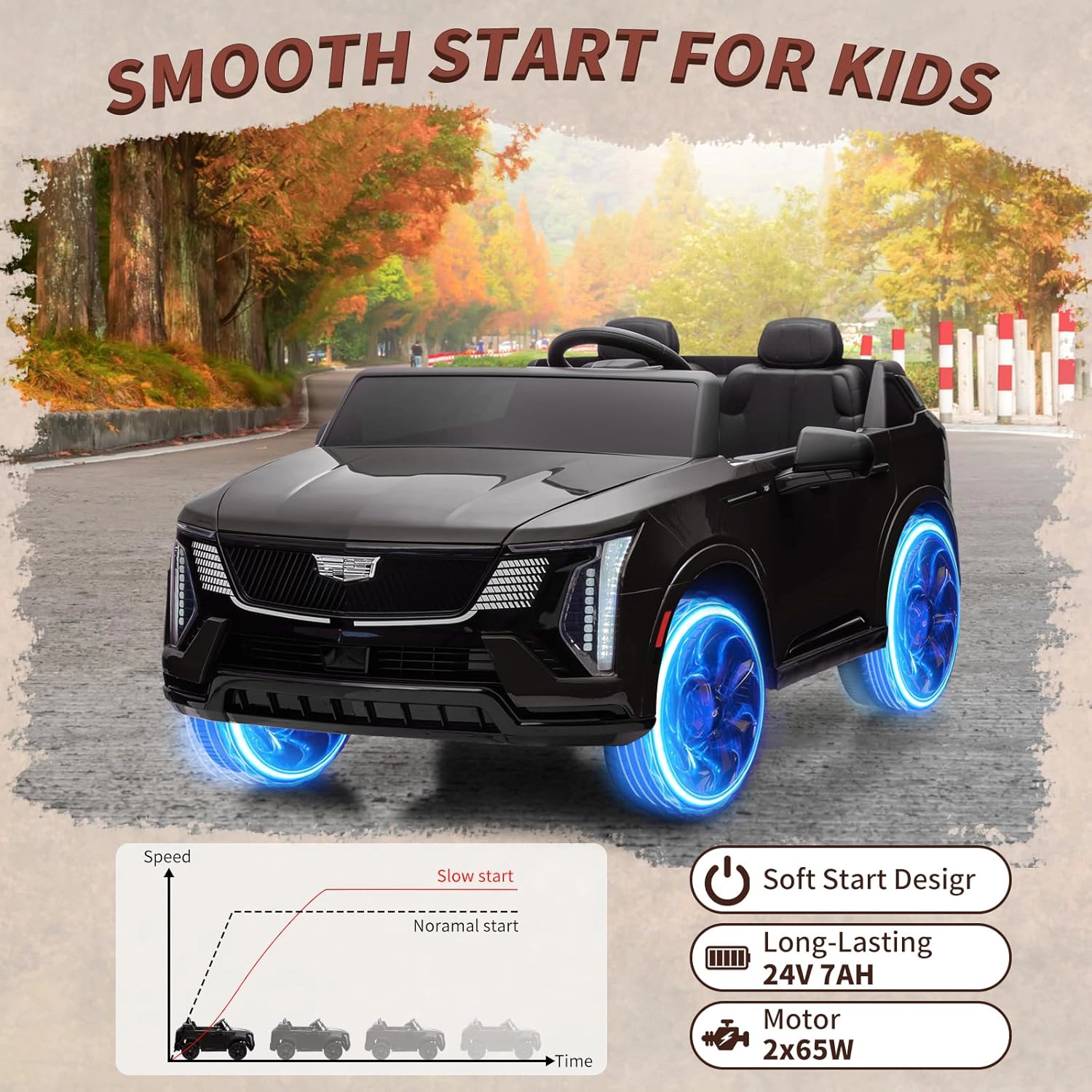 24V Licensed Cadillac Kids Ride On Car, 2-Seater Electric Vehicle w/ Remote, Music, LED, Shock Absorbers & Seatbelts