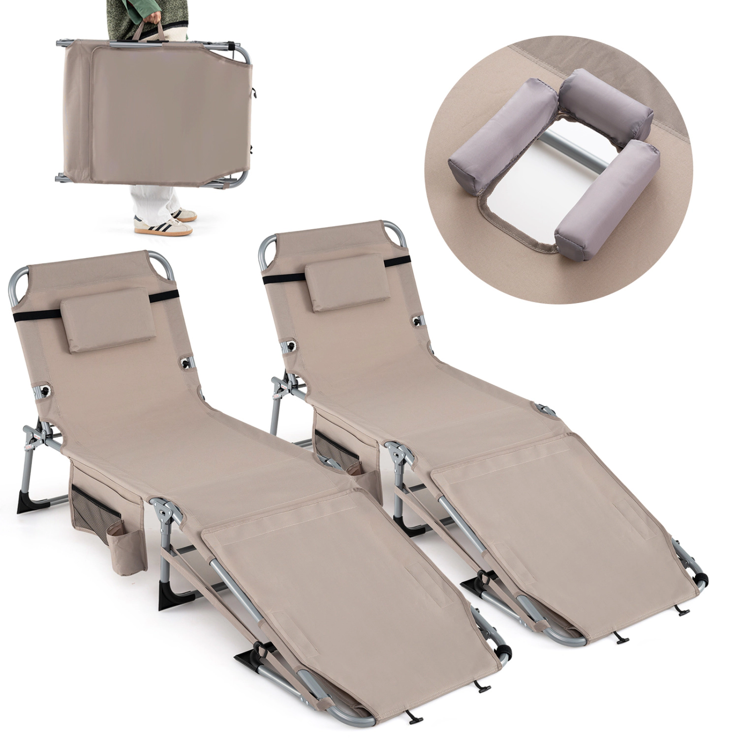 LJG Set of 2 Tanning Chairs with Face Arm Holes Portable 4-Level Backrest