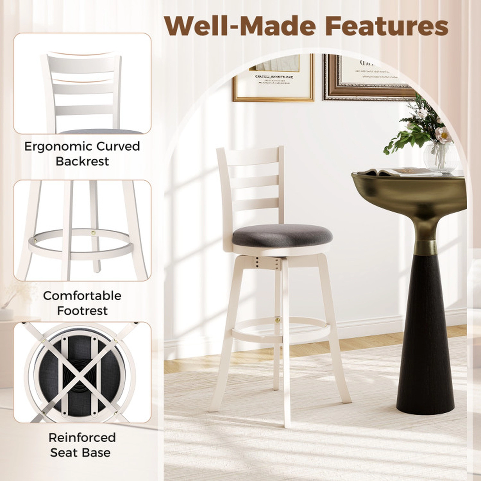 SUGIFT Set of 2 30.5-Inch Swivel Bar Stools, Upholstered Curved Backrest, Footrest