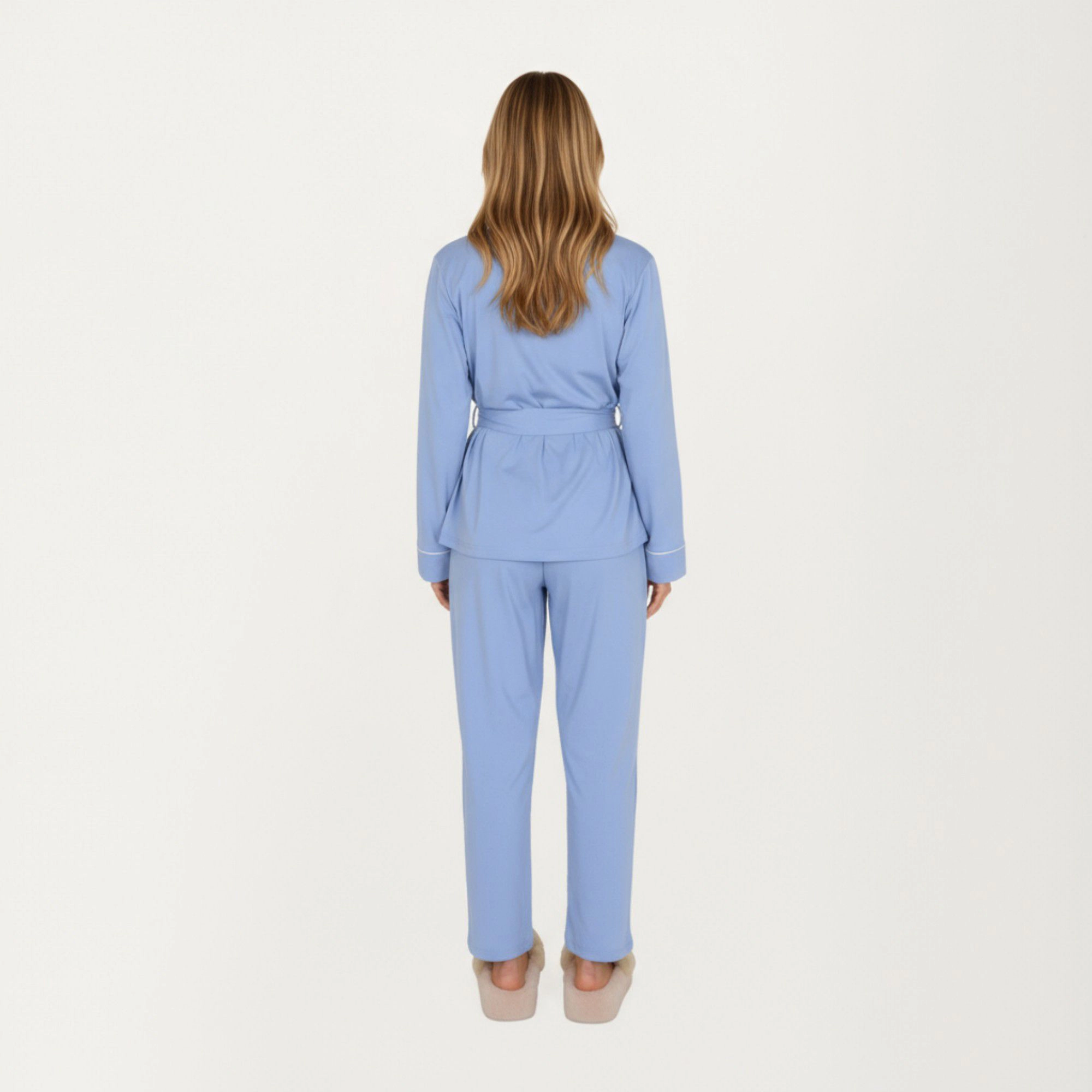 Anna-Kaci Women's 2-Piece Belted Wrap Top and Relaxed Fit Pants Pajama Set with Shawl Collar Soft Fabric