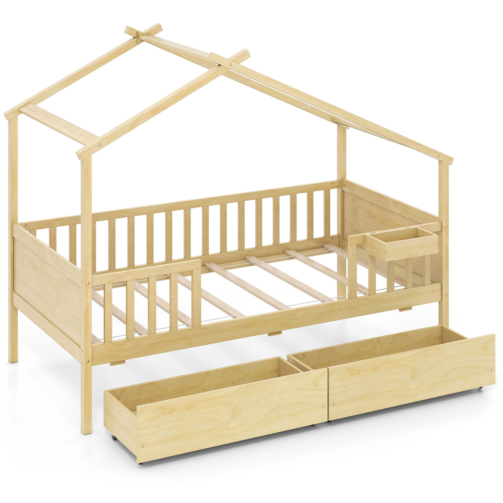 SUGIFT House Twin Bed Frame with Roof & Fence Rails 200-lb Capacity with 2 Storage Drawers & Storage Box Natural White