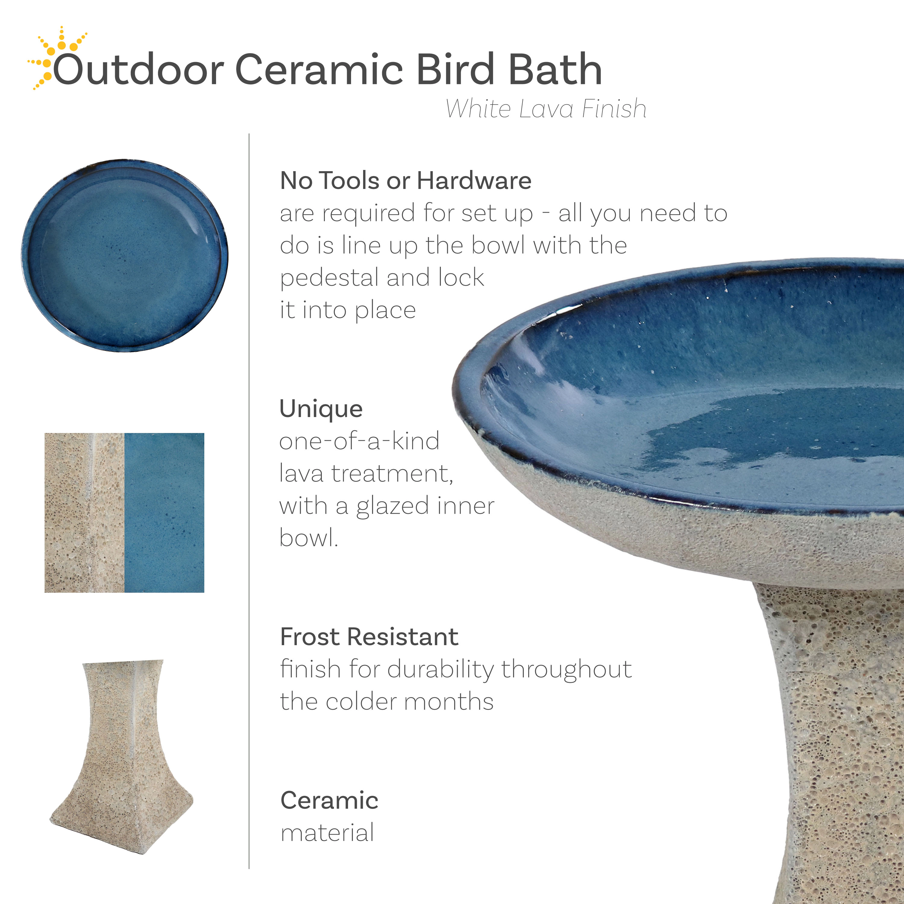 Sunnydaze Ceramic Bird Bath Bowl,16” H, Blue Glaze Basin, White Lava Finish