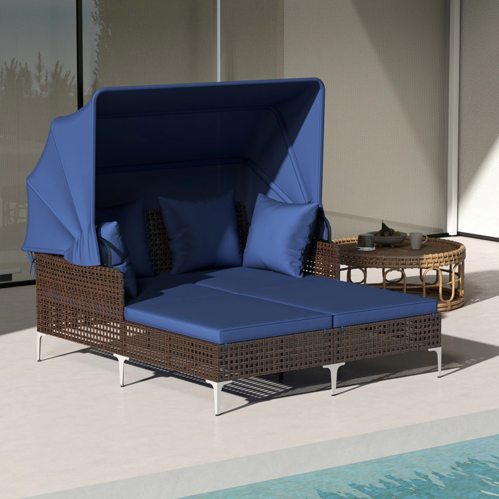 SUGIFT Outdoor Wicker Daybed, 800-lb Capacity, Retractable Canopy, Navy