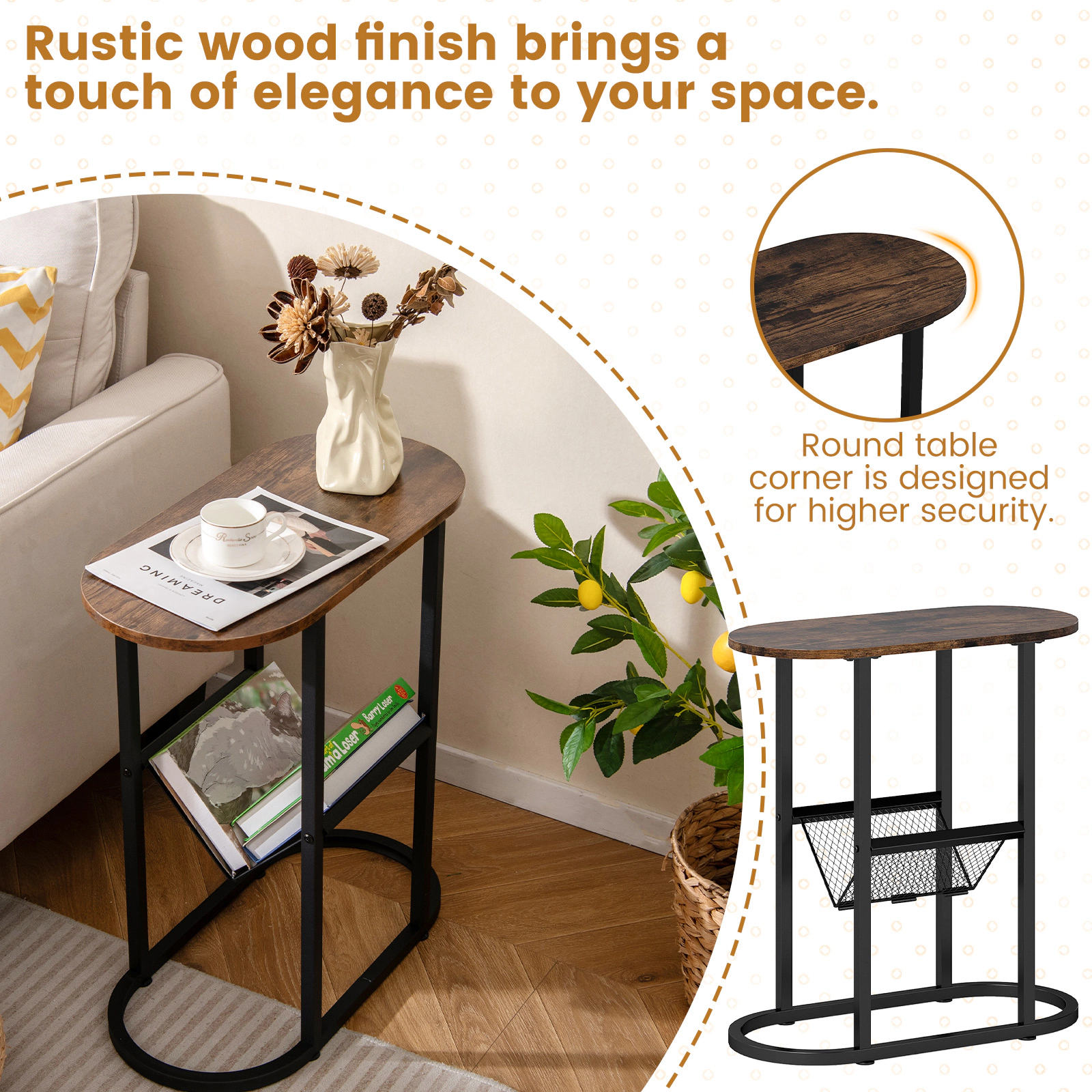 Glintex Narrow Oval End Table with Mesh Lower Shelf and Steel Frame, Rustic Brown