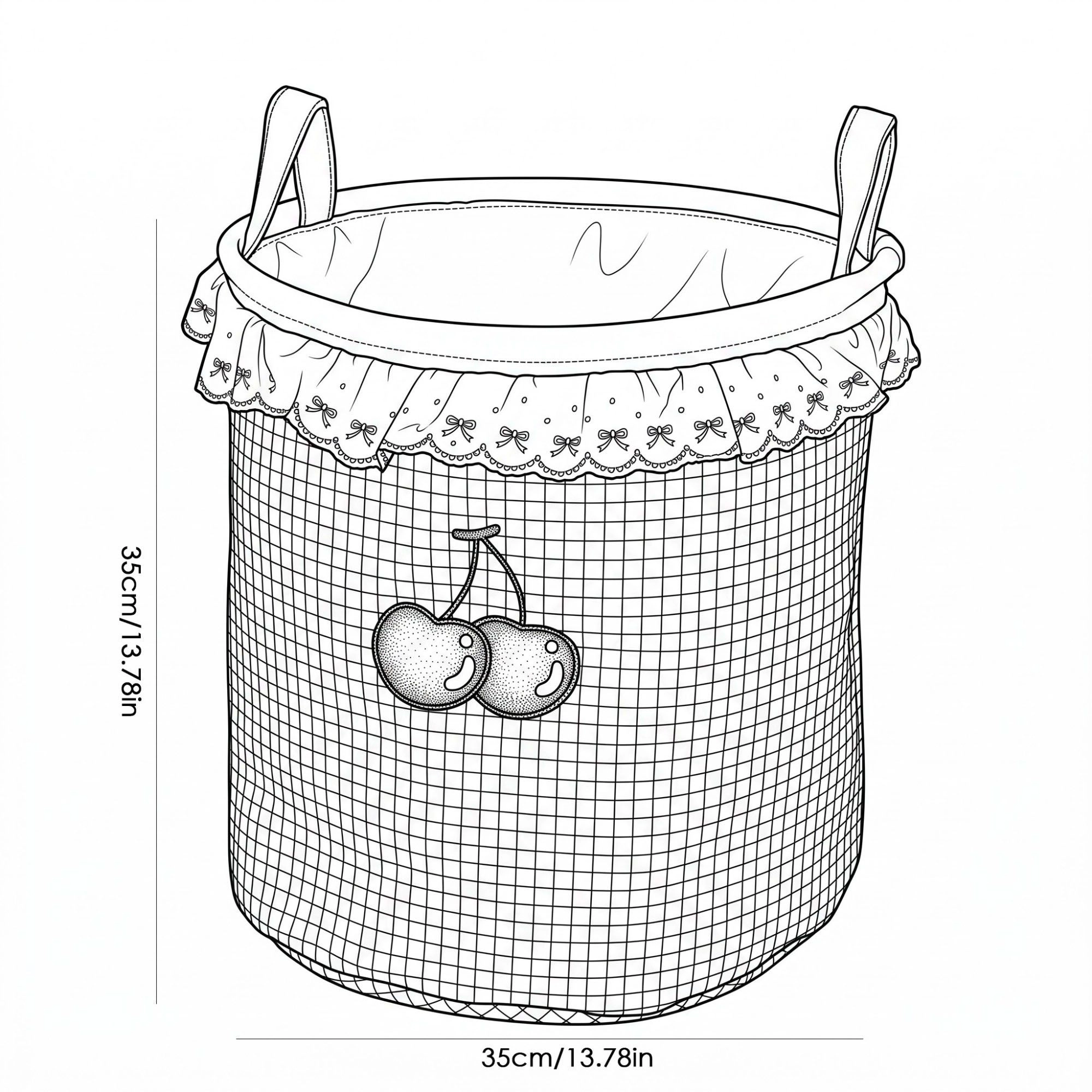 Alilang Unisex Cherry Embroidered Gingham Laundry Hamper with Lace Ruffle & Handles