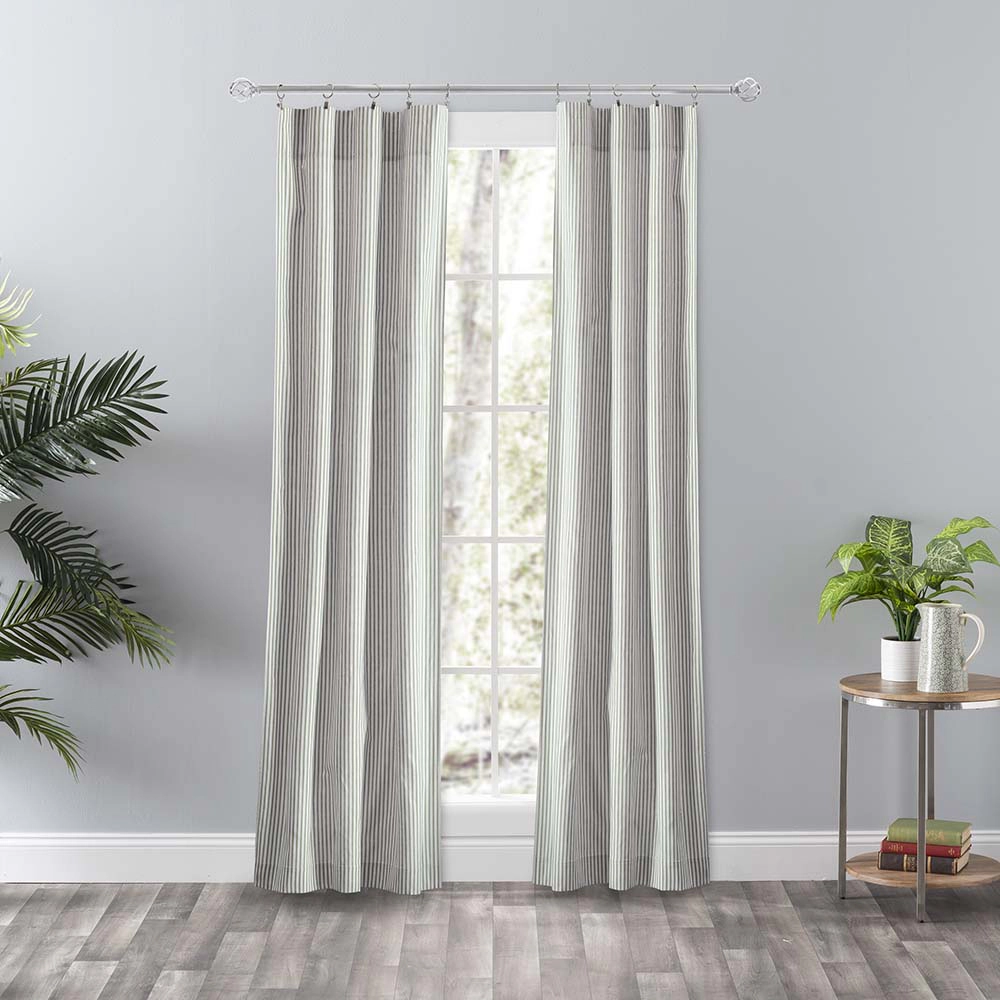 Ellis Curtain Plaza Classic Ticking Stripe Printed 3" Rod Pocket Tailored Panel Pair with Tiebacks 56" x 84" Sage