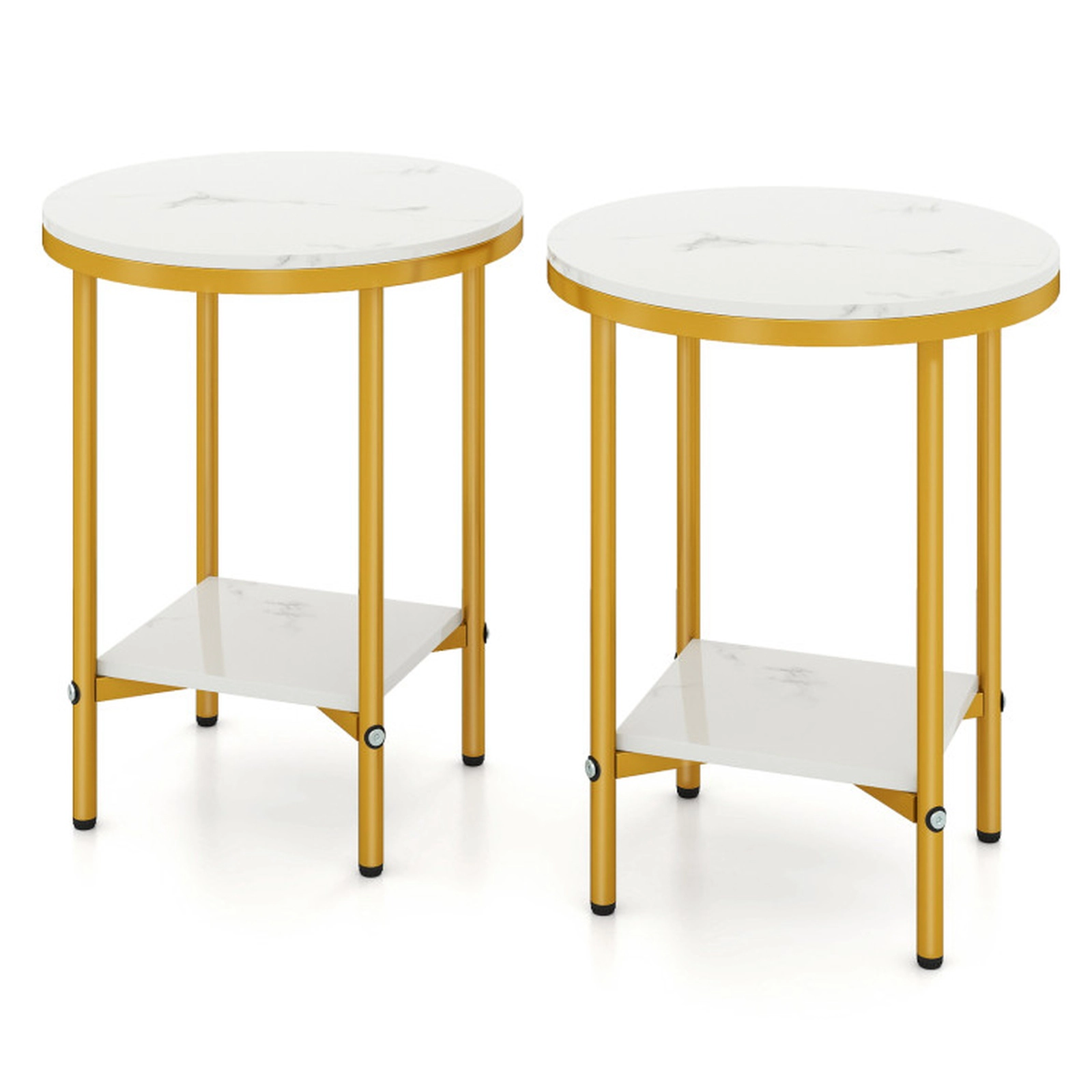 SUGIFT Faux Marble Top and Storage Shelf 2-Tier White and Gold Round Coffee Table