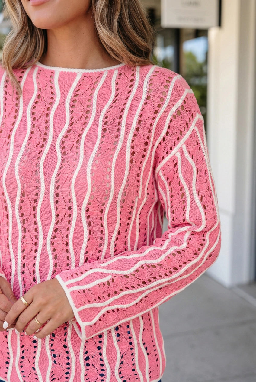 Threaded Pear Jaida Cotton Pullover Sweater - Wavy Colorblock Eyelet Knit, Pink