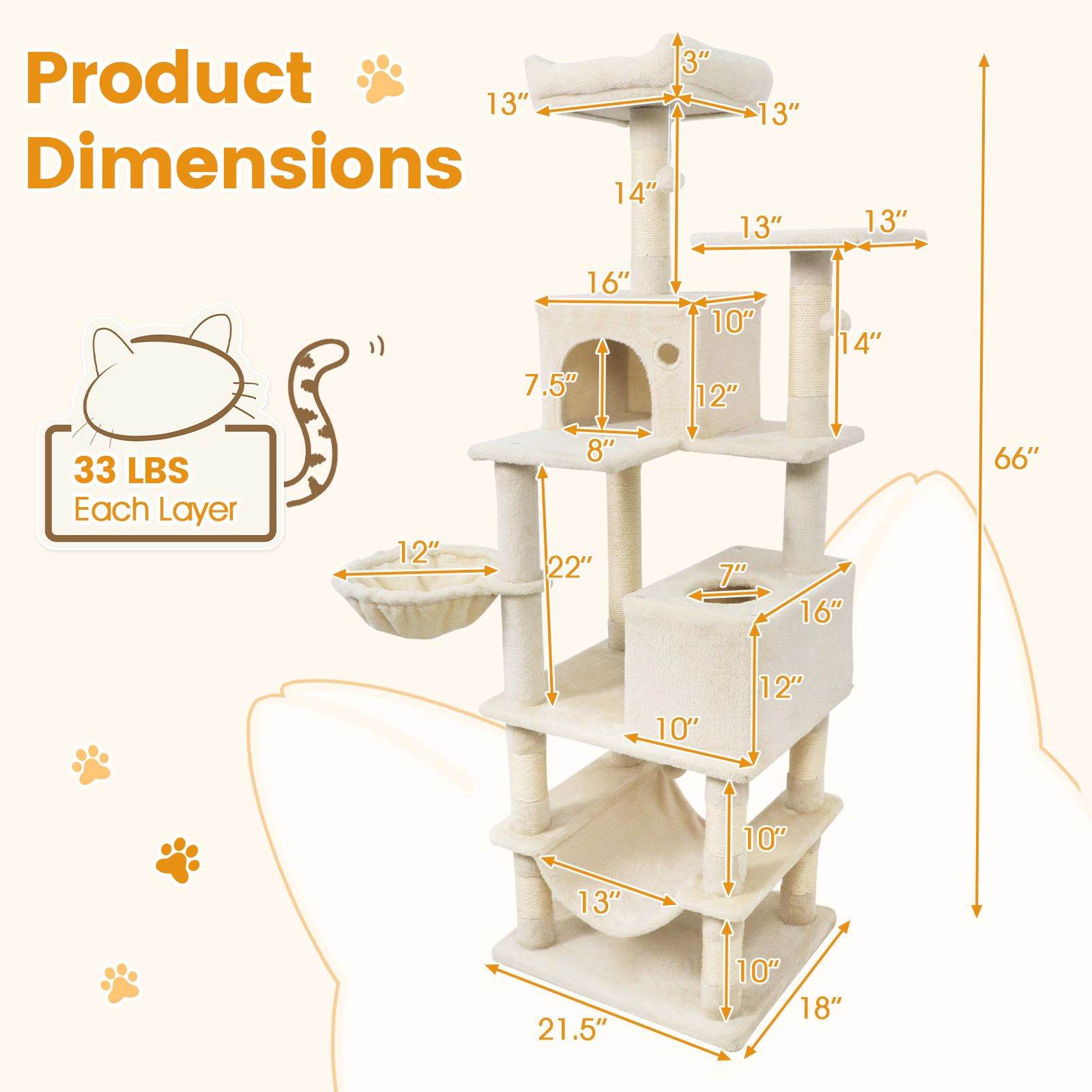 SlickBlue 66 Inch Cat Tower with 2 Condos, Hammock and Scratching Posts