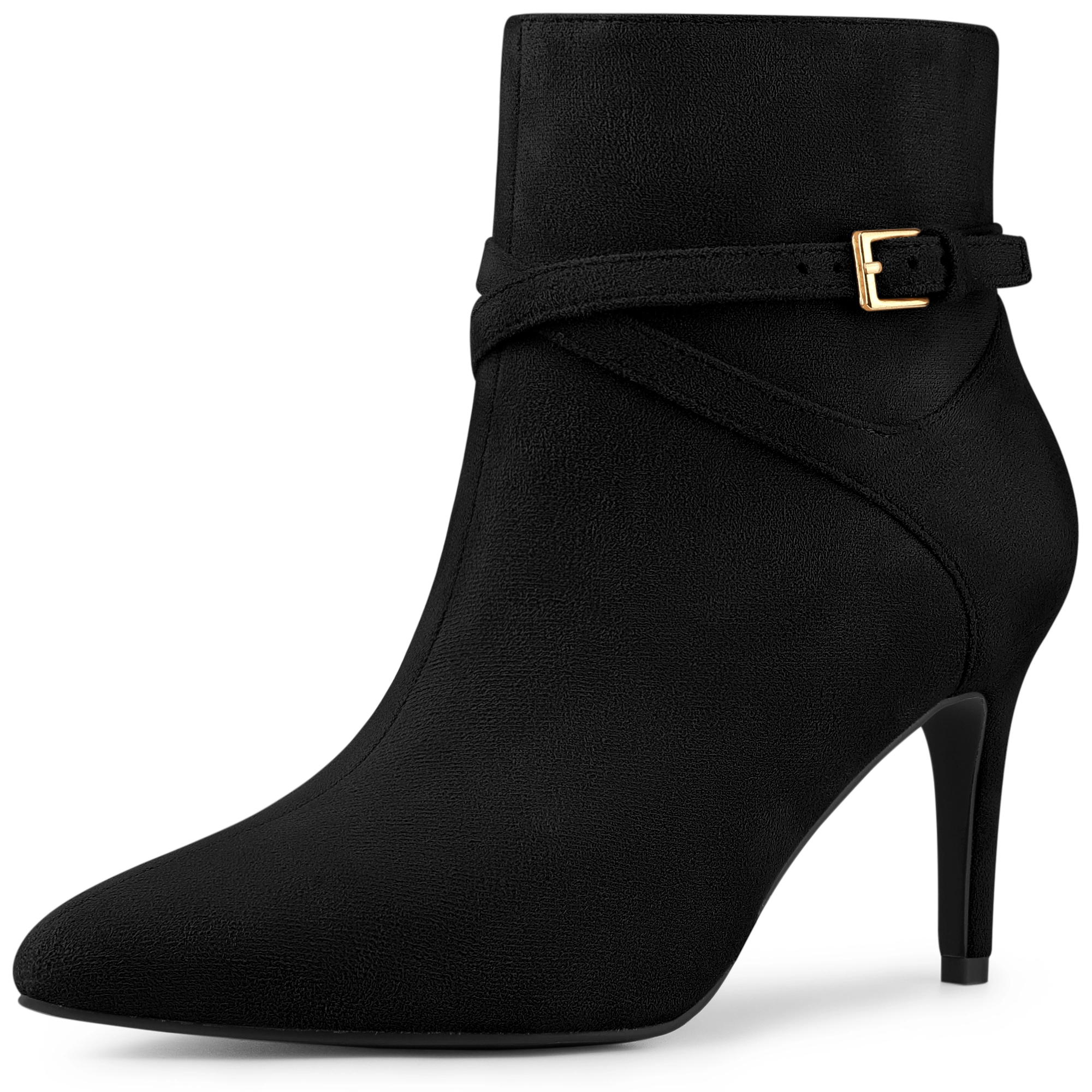 BLISSFUL STEP Women Pointy Toe Buckle Cross Straps Stiletto Heel Ankle Boots