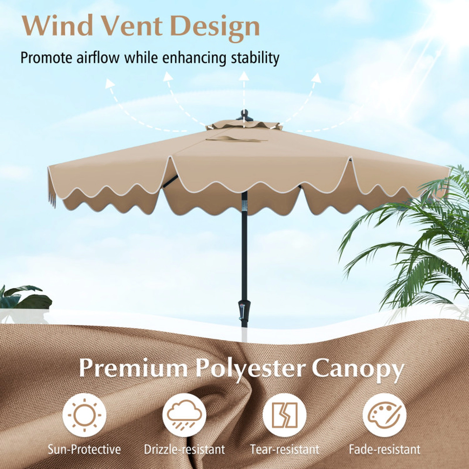 SUGIFT 9-ft Brown Scalloped Ruffled Patio Umbrella with 8 Ribs Vented Top Safety Latch and Fastener Tabs