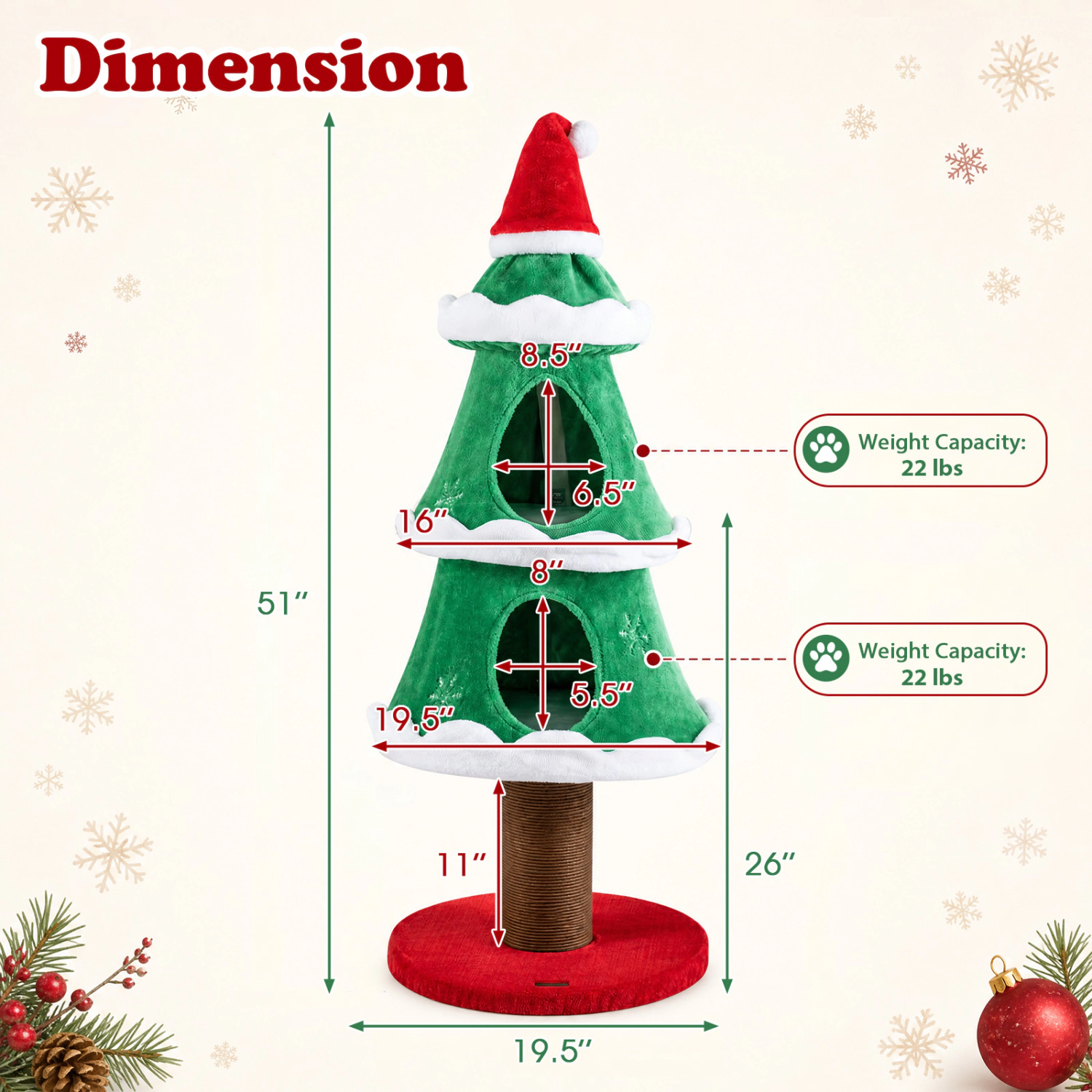 LJG 51" Christmas Cat Tree with 2 Cozy Condos and Scratching Post for Pets