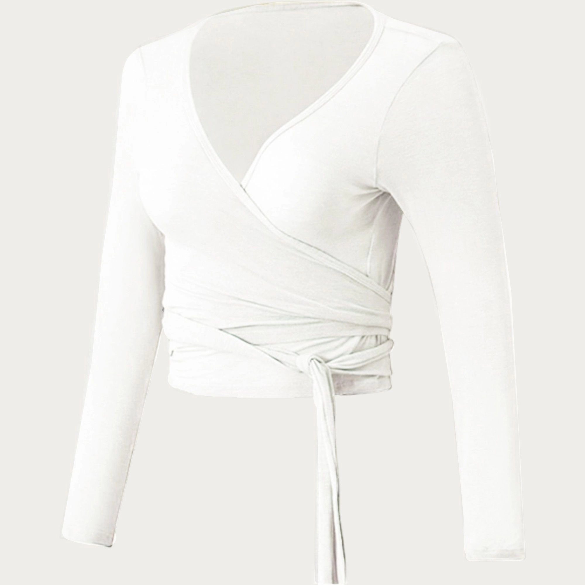 Anna-Kaci Women's Long Sleeve Wrap Front Crop Top with Tie Waist V Neck Fitted Stretch Knit Shirt