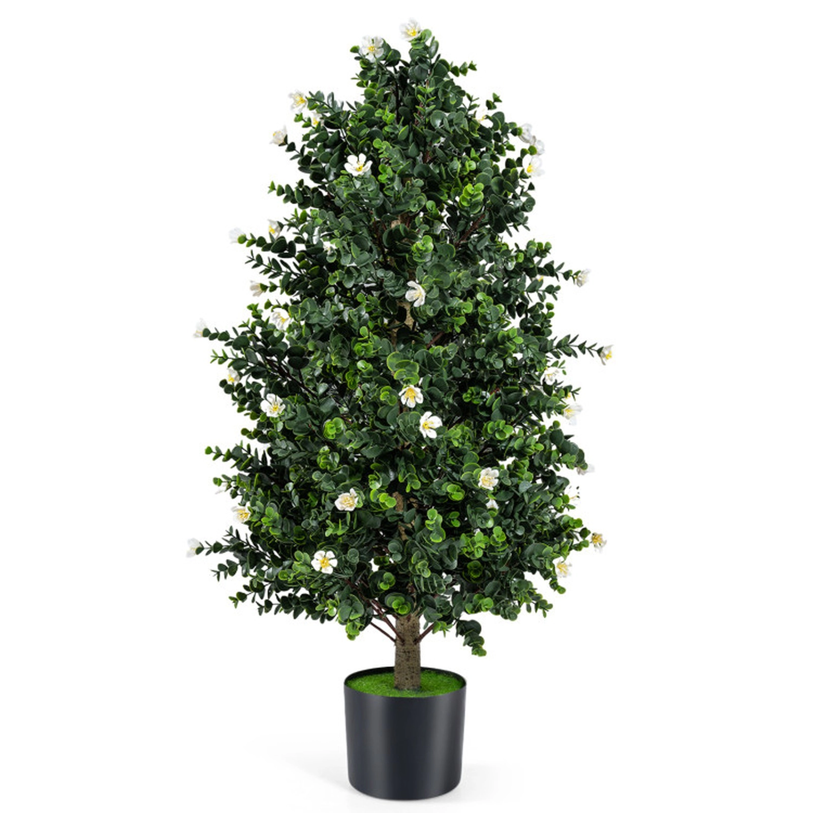 SUGIFT 2-Pack Cone Shaped 49 Blossoms Cement Pot Artificial Topiary Trees 36-in Tall 6-in Pot 16.5-lb White