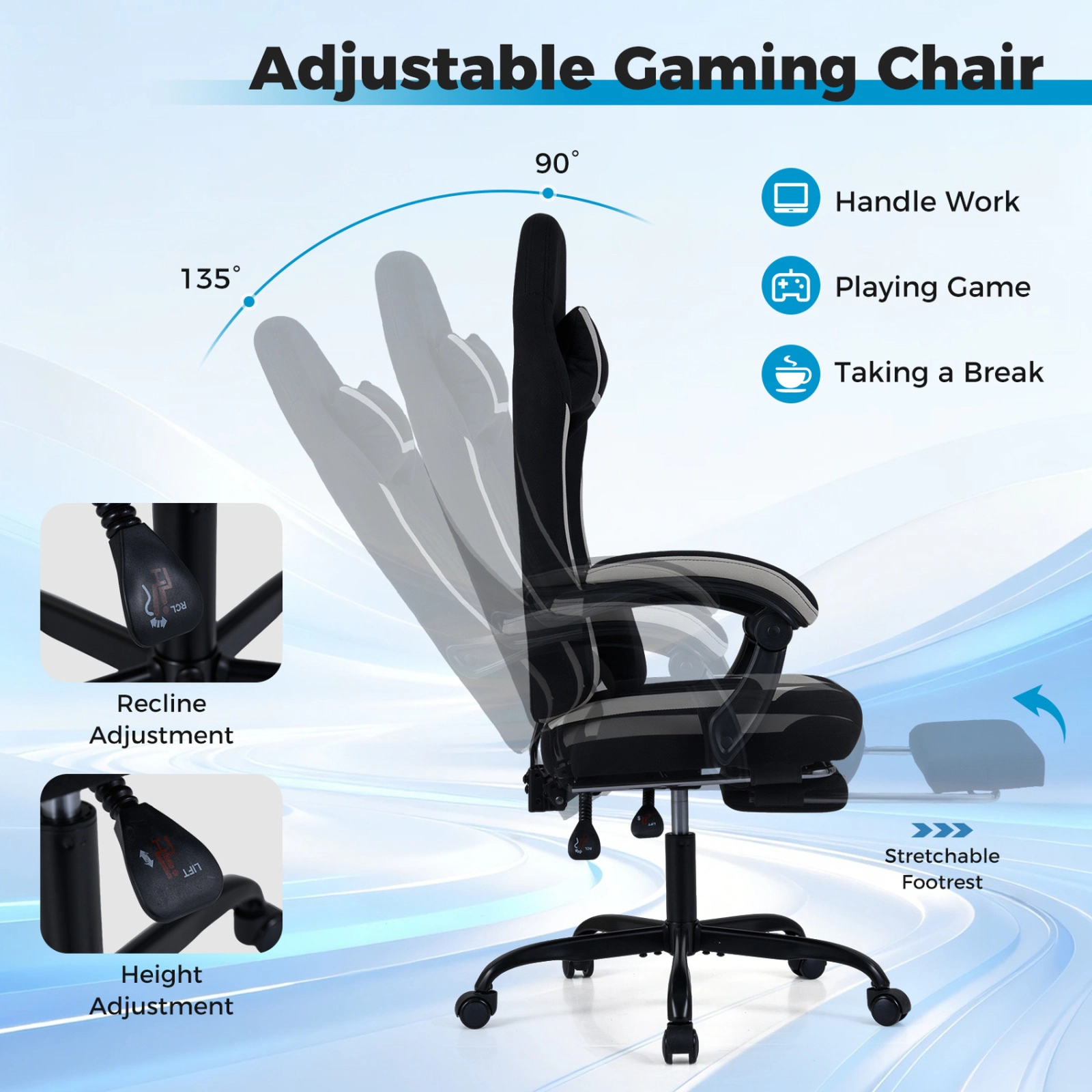 SUGIFT Gaming Chair Black Height Adjustable with Headrest Retractable Footrest and Swivel Seat