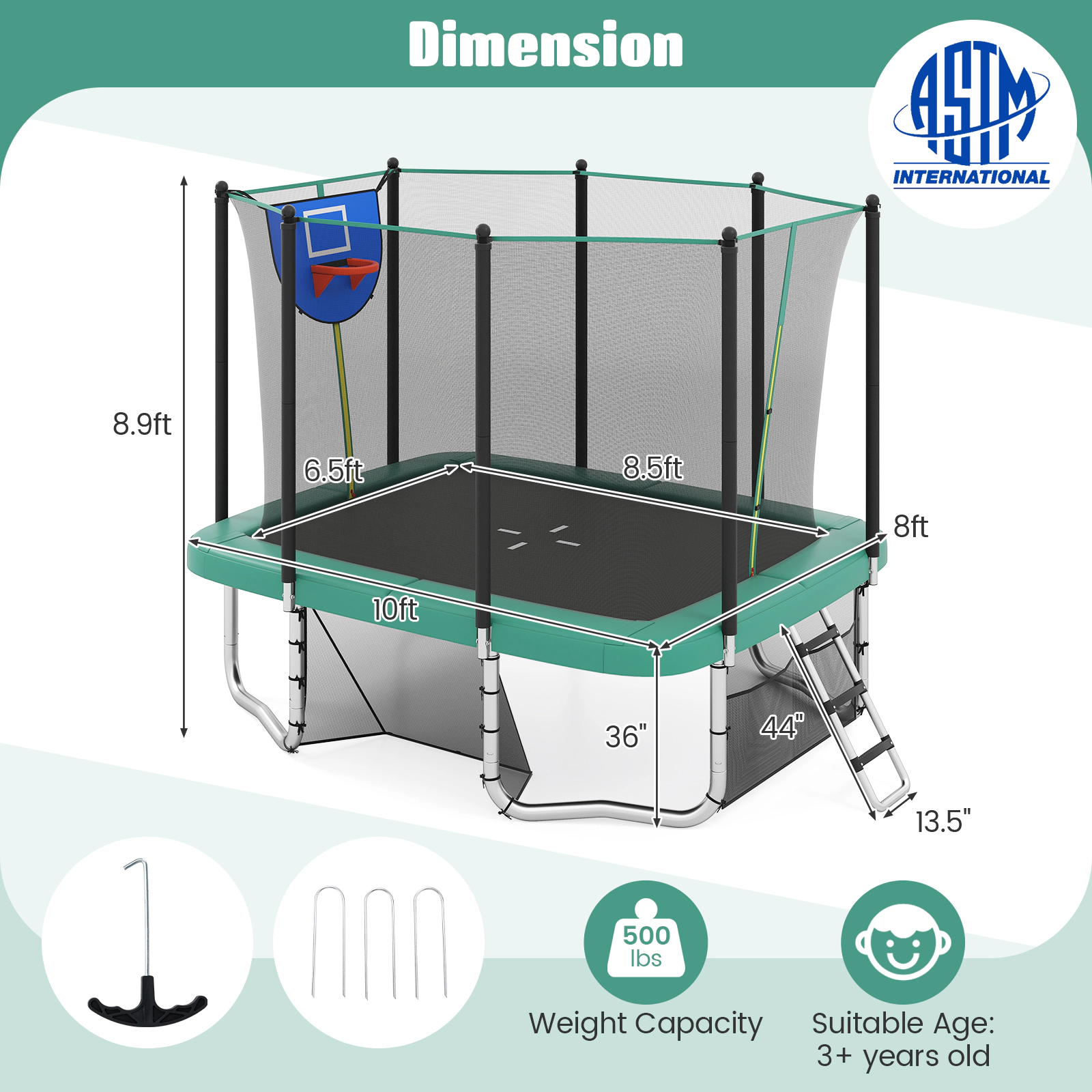 SUGIFT Green Basketball Hoop and Soccer Goal 10 x 8 FT Rectangle Outdoor Kids Trampoline