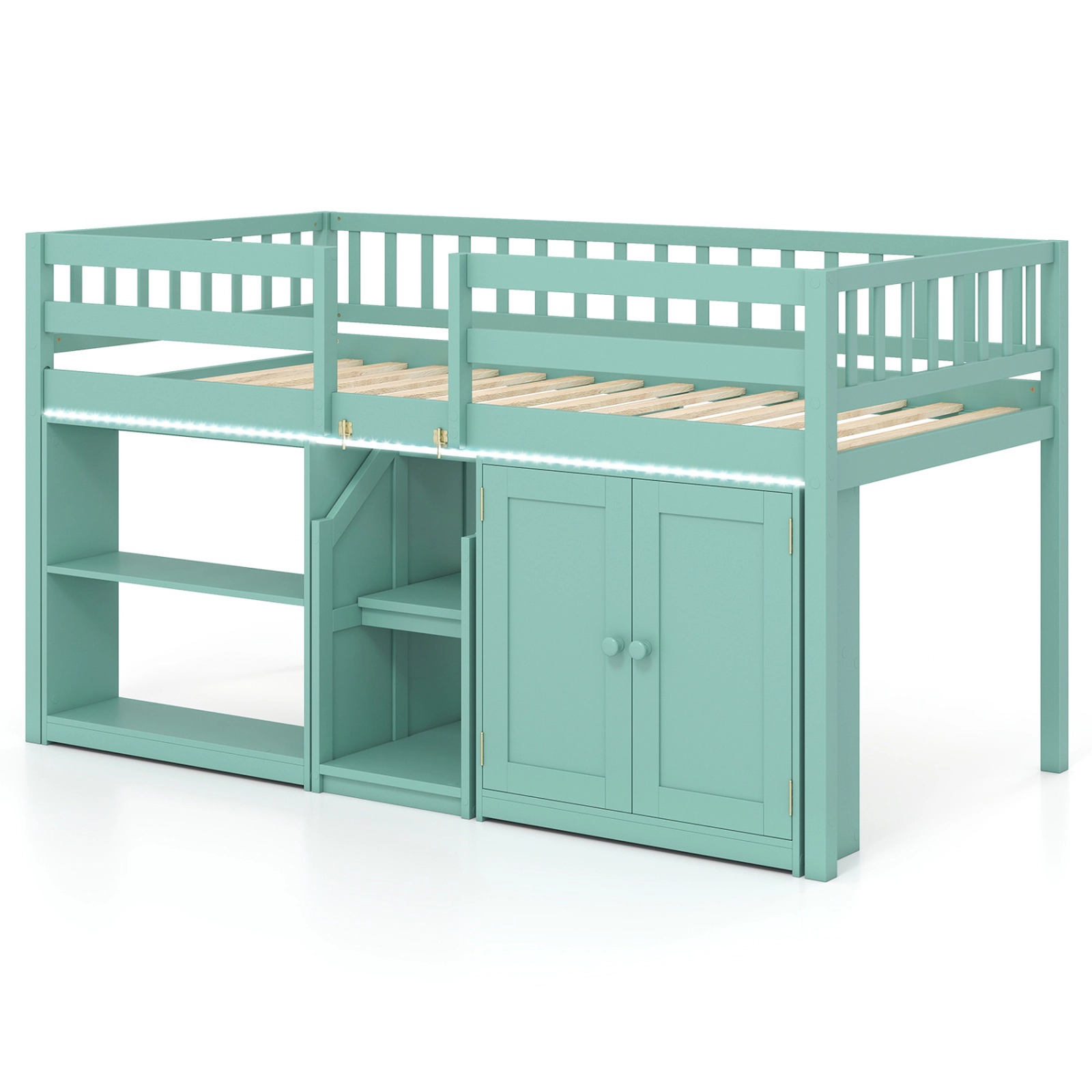SUGIFT Green LED Lights Stairs Bookshelf and Cabinet Twin Size Kids Loft Bed