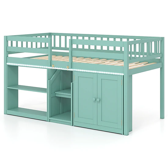 SUGIFT Green LED Lights Stairs Bookshelf and Cabinet Twin Size Kids Loft Bed