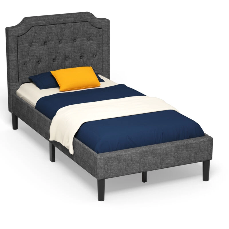 SUGIFT Gray Tufted Headboard and Wood Slats Twin Size Linen Upholstered Platform Bed
