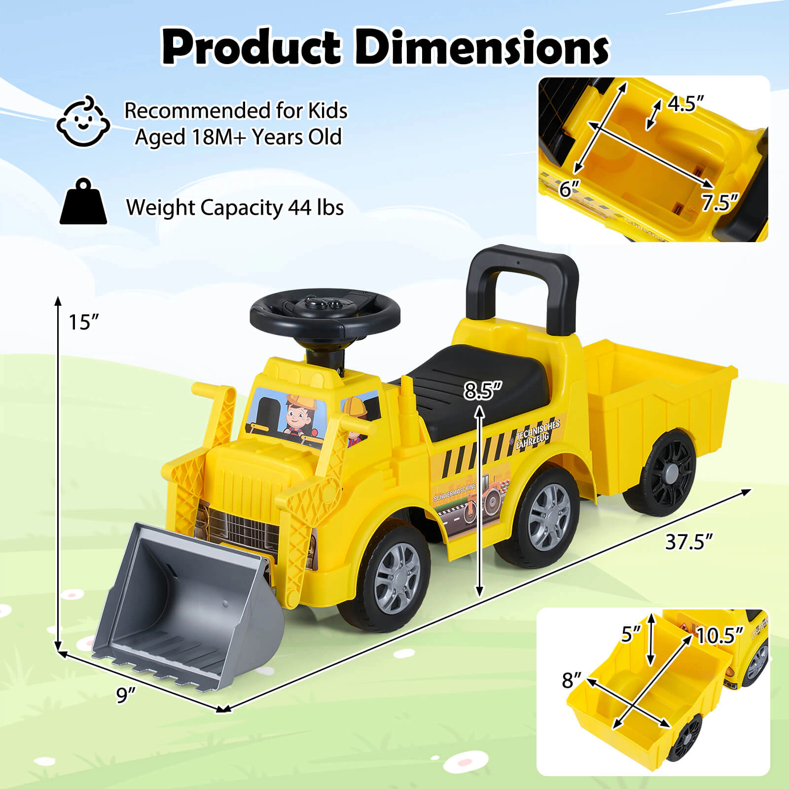 Costway 2-in-1 Ride on Excavator with Detachable Trailer Shovel Hidden Seat Storage Music