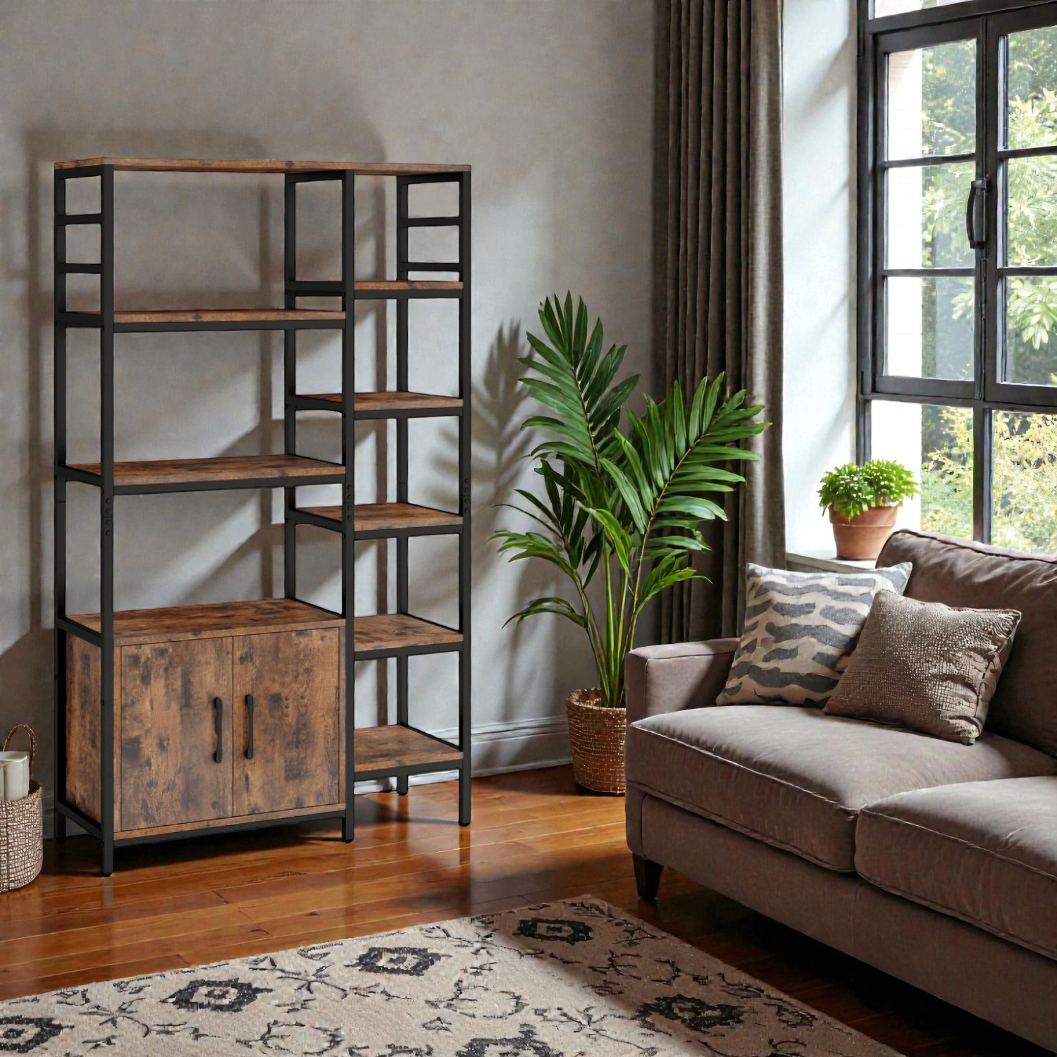 Hivvago 8-Tier Display Bookcase with Enclosed Double-Door Storage