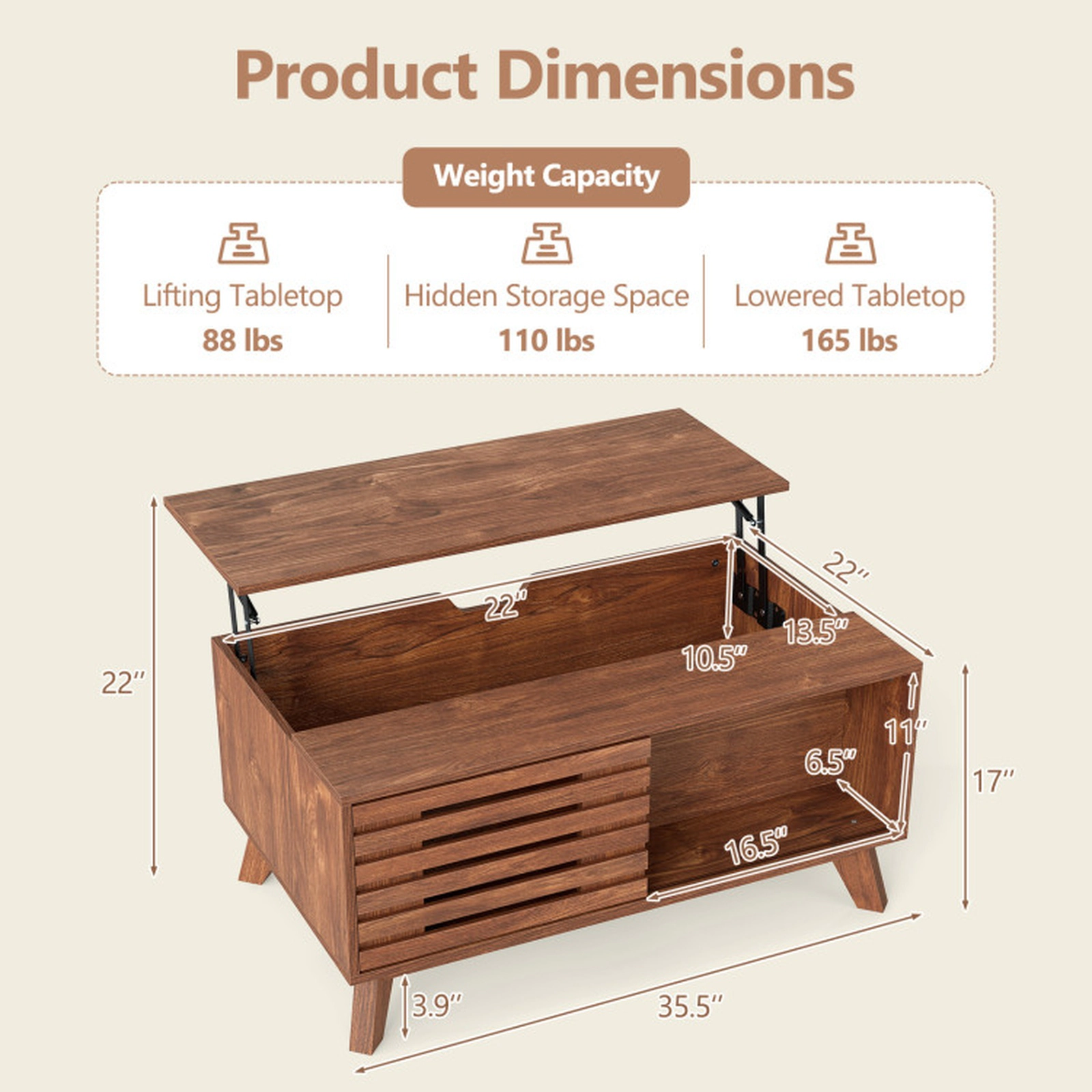 SUGIFT 35.5-in Lift Top Coffee Table with Hidden Compartment and Sliding Door 165-lb Tabletop Capacity Brown