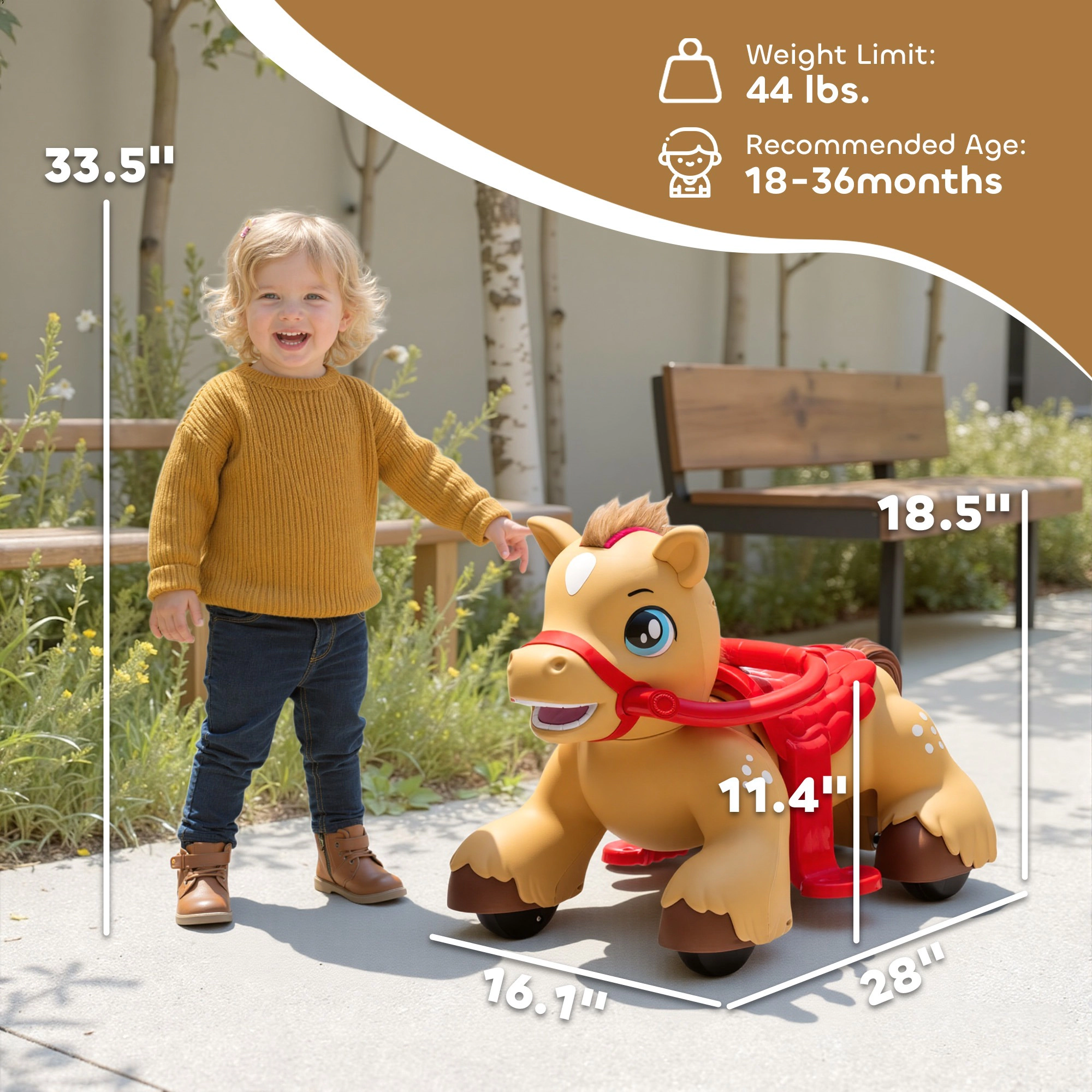 HONGGE Ride On Horse Toy, 12V Battery Powered Ride-On with Sound, Carrot Feeding Play, Foot Pedal, Brown