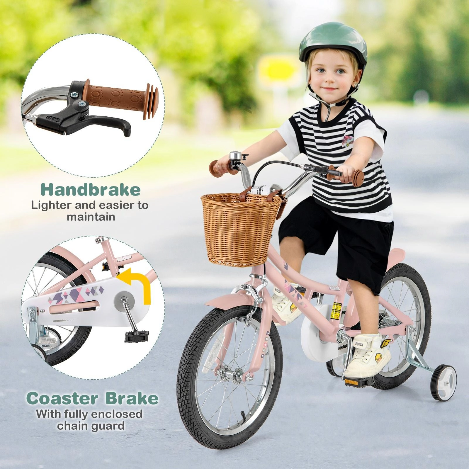 SUGIFT 16-Inch Pink Kids Bike with Basket, Fenders, Training Wheels and Dual Brakes