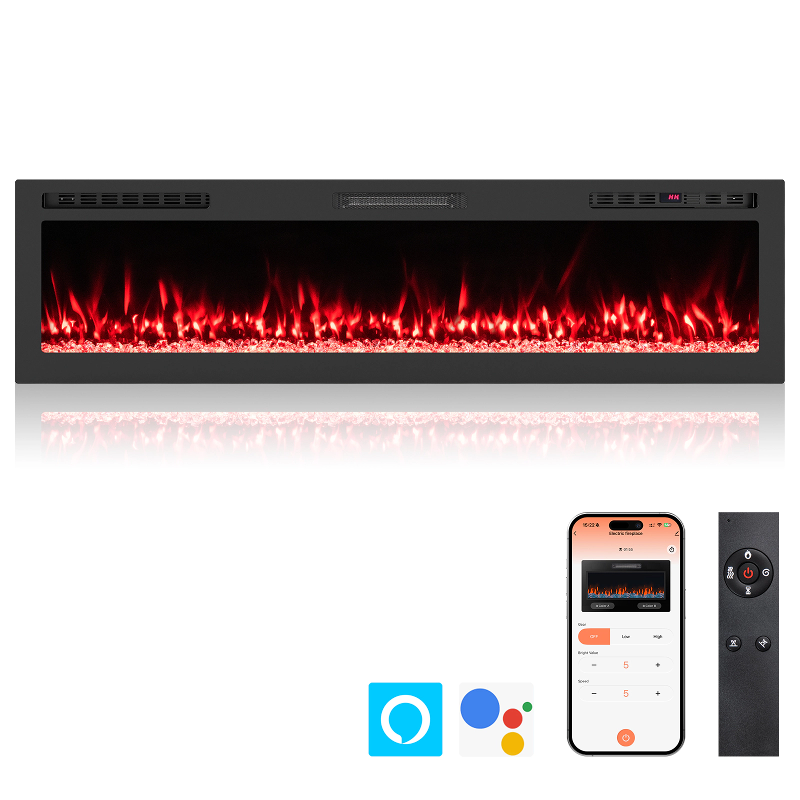 SUGIFT 68-Inch Smart WiFi Electric Fireplace, Wall-Mounted or Recessed, 12 Flame Colors, 5100 BTU