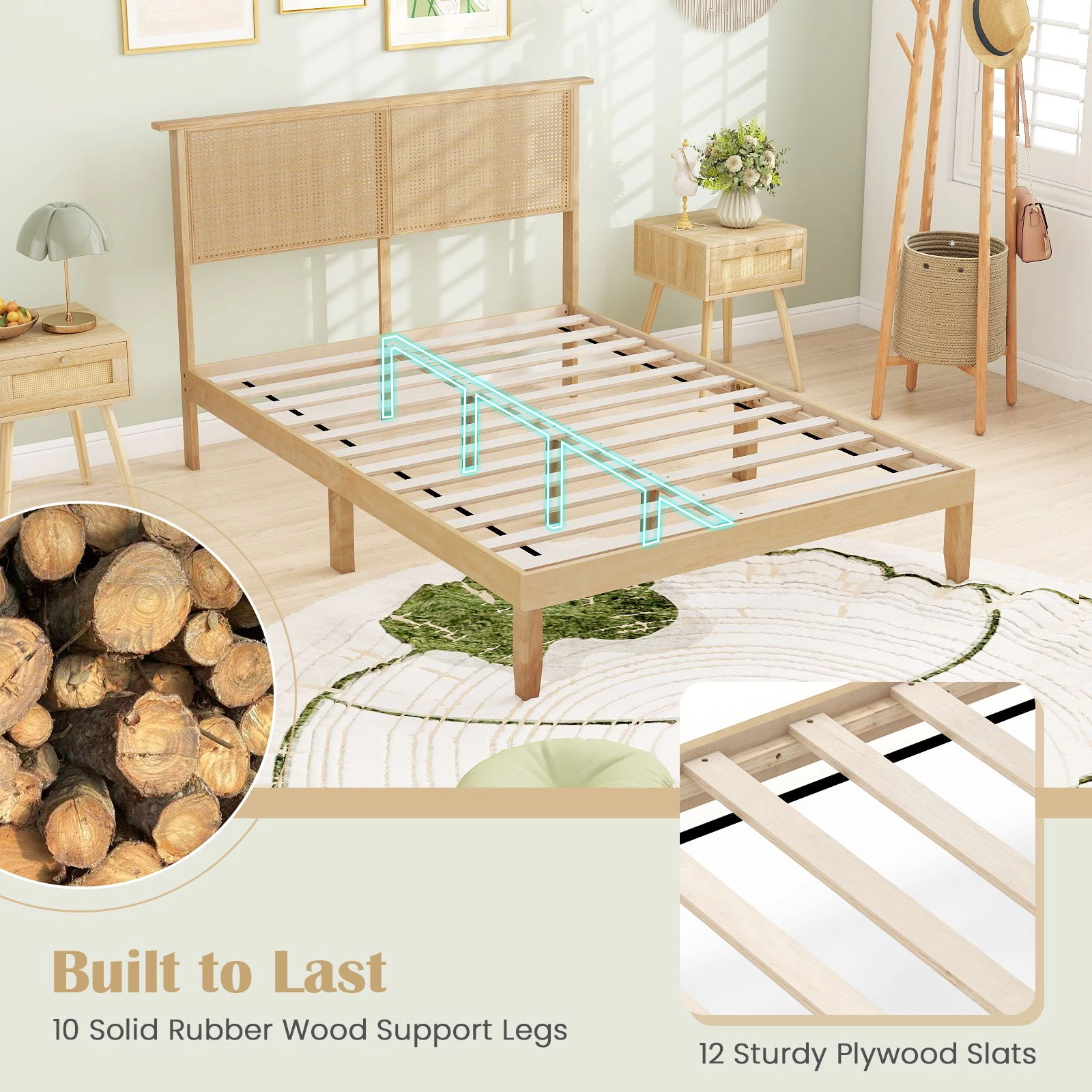 SlickBlue Rattan Platform Bed Frame with Solid Wood Frame and Headboard
