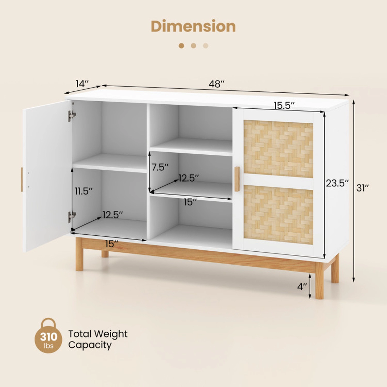SUGIFT 2 Bamboo Woven Doors 3 Open Shelves Wood Legs Sideboard Cabinet 48-in x 14-in x 31-in 310-lb Capacity White