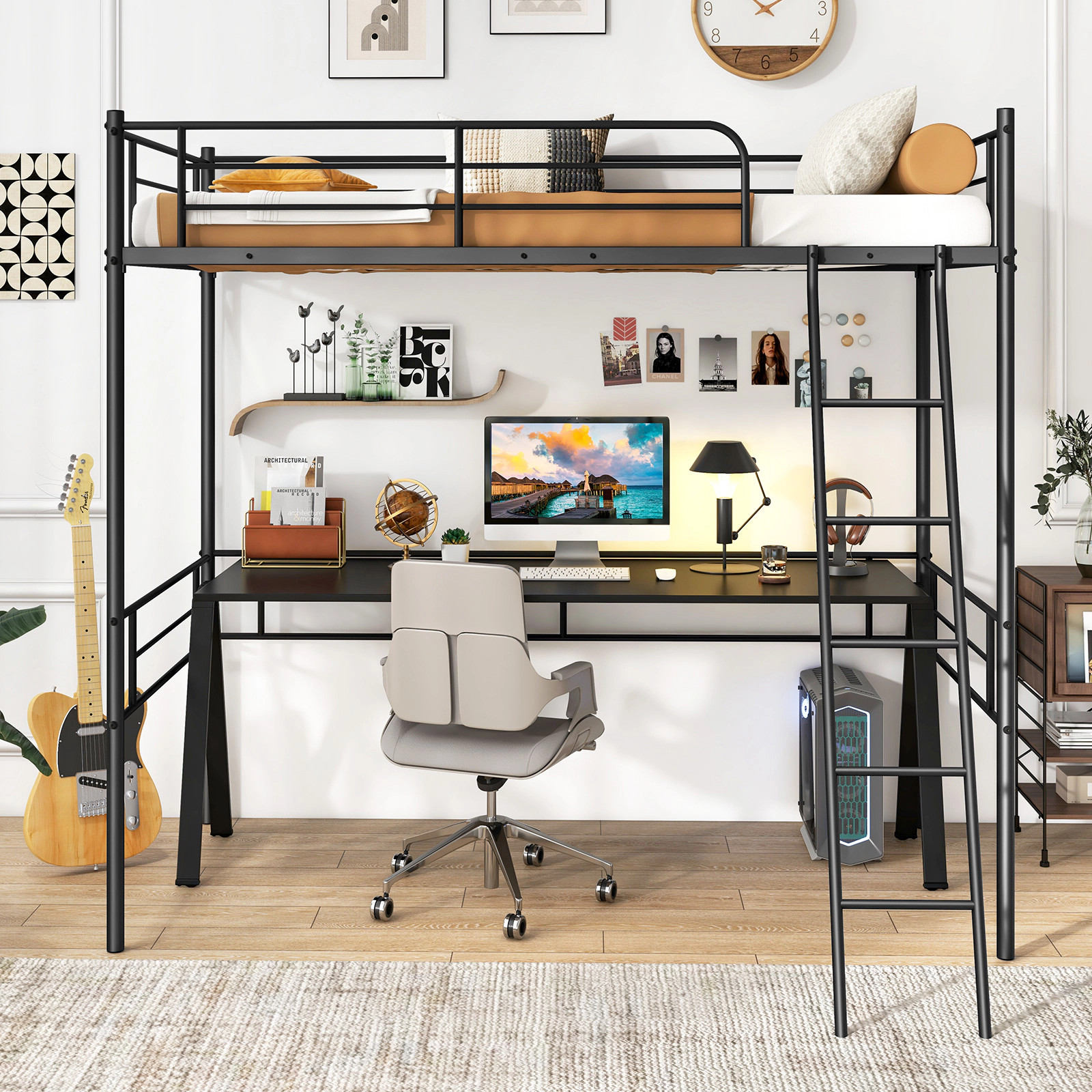 SUGIFT Twin Metal Loft Bed with 5-Step Ladder, 12-Inch Guardrails and 61-Inch Under-Bed Clearance, Black