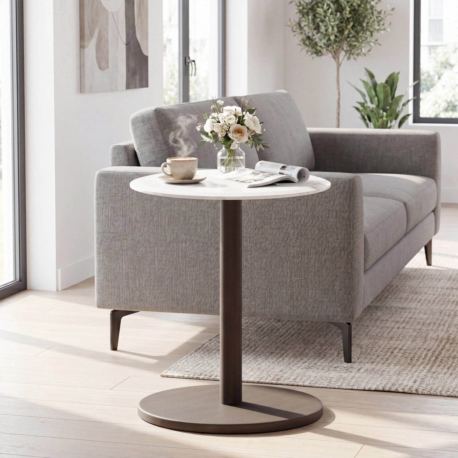 Glintex Round Genuine Marble Pedestal Side Table with Rubber Wood Column, White