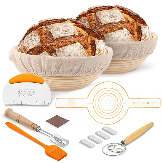 Cheer Collection Sourdough Proofing Set with 2 Round 9-Inch Rattan Bannetons and Baking Tools