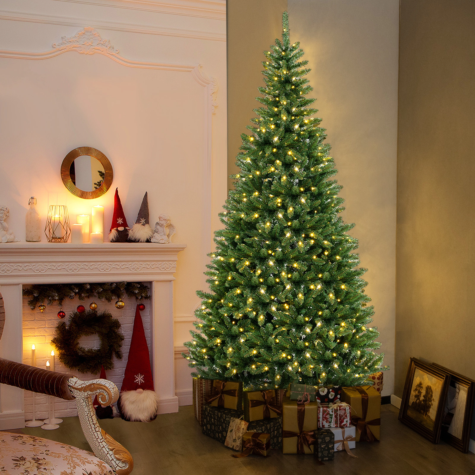 LJG 8 FT Corner Artificial Christmas Tree with 1137 Branch Tips and 360 Warm White LED Lights