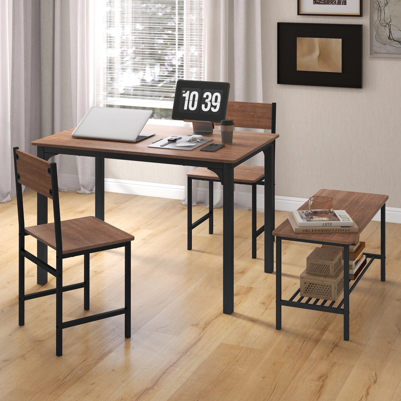 SUGIFT Rustic Dining Table Set with 2 Chairs & Storage Bench 200-lb Table 330-lb Chair 660-lb Bench Capacity