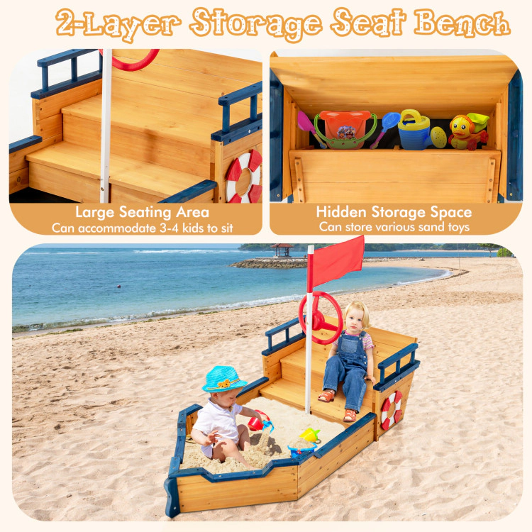 Hivvago Kids Pirate Boat Wooden Sandbox Children Outdoor Playset